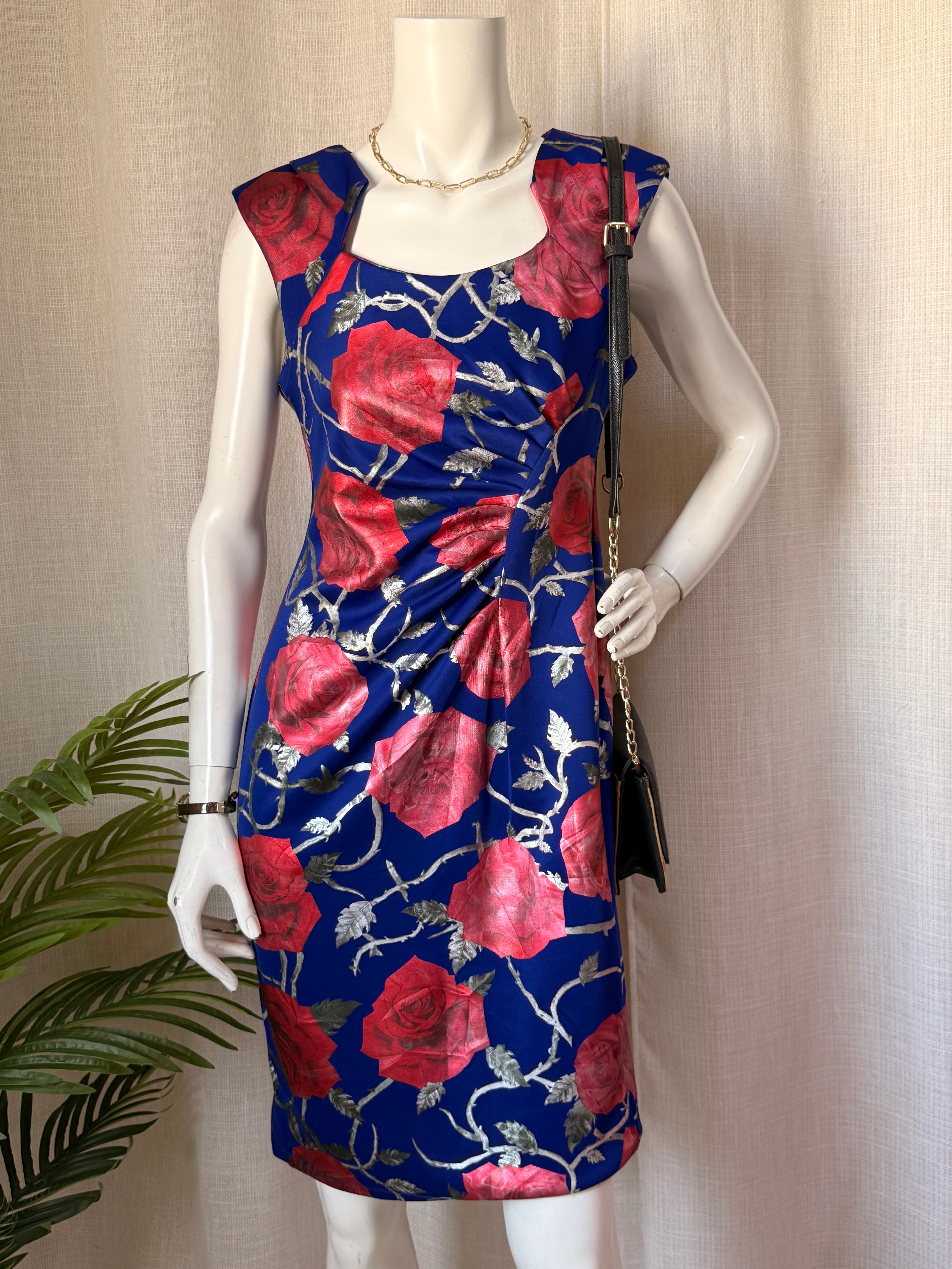 Shelby & Palmer Royal Blue Floral Ruched Sheath Dress – Size 8