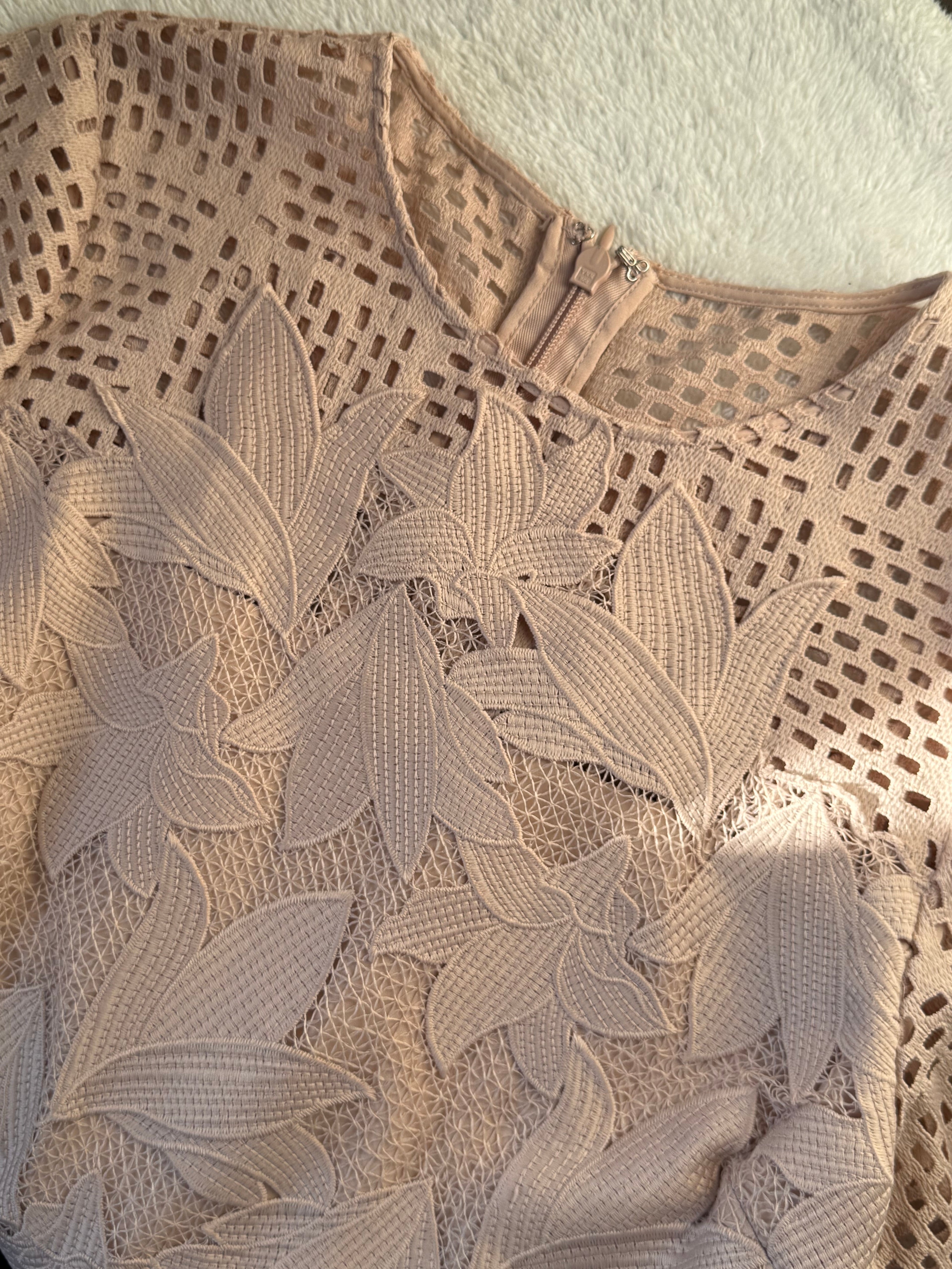 Reiss Nude Crochet Lace Drop Hem Dress | UK 16