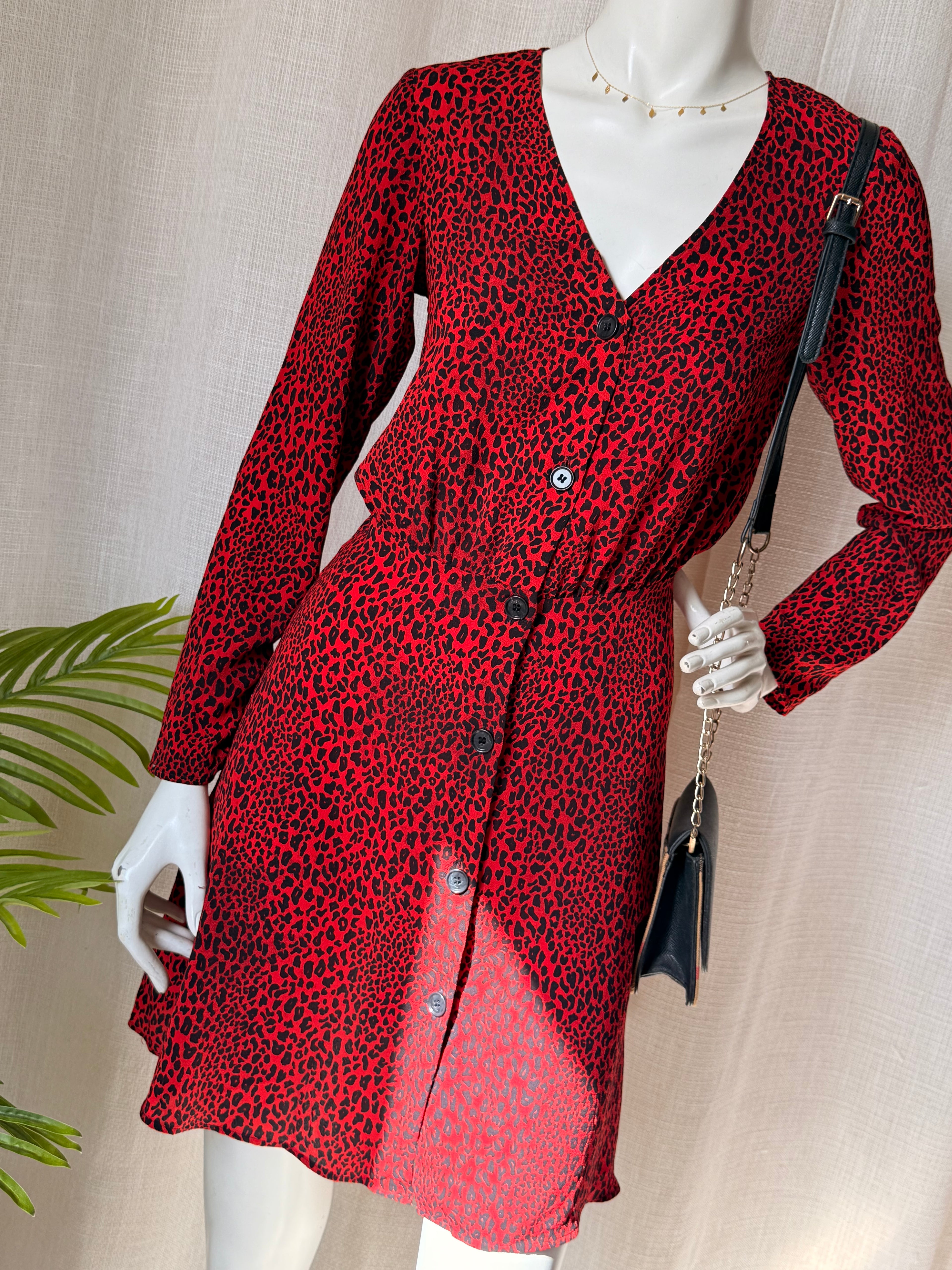 H&M Divided Red Cheetah Print Button Down Dress Size 4