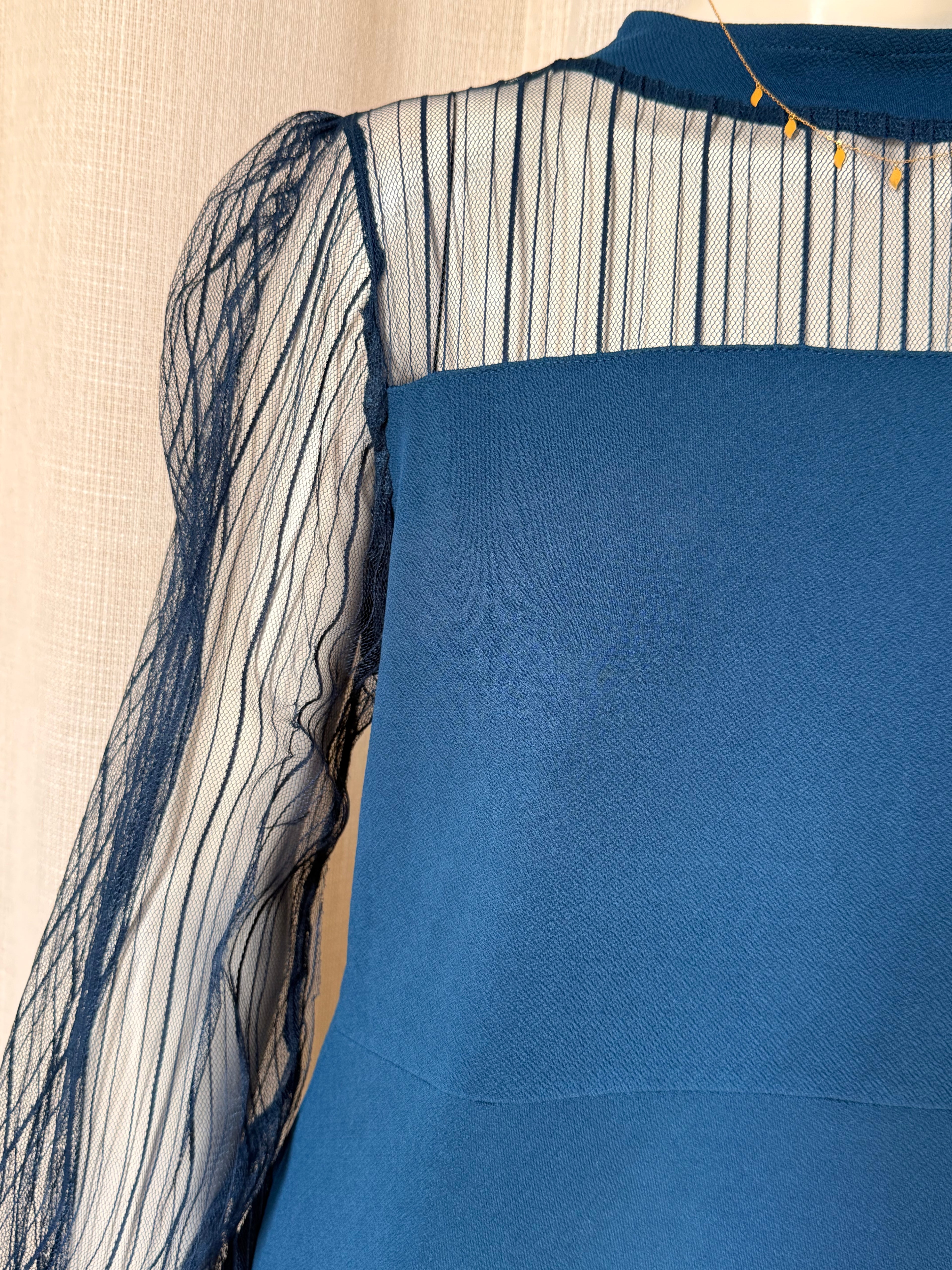 Vintage Teal Crepe Midi Dress with Sheer Mesh Balloon Sleeves — Size L