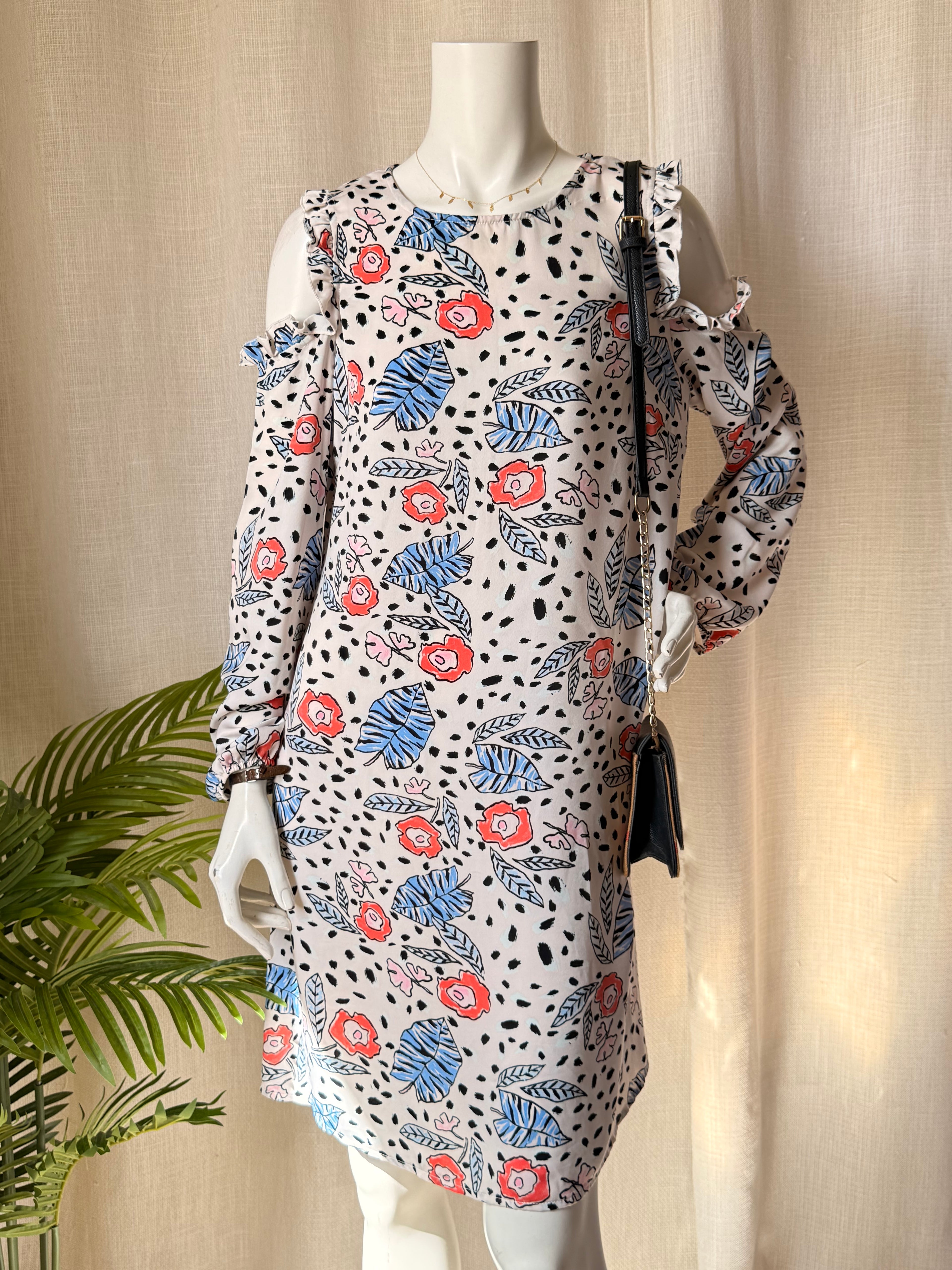 Glamorous Tall Abstract Floral & Spot Print Cold Shoulder Dress - Size 14 - Long Sleeve