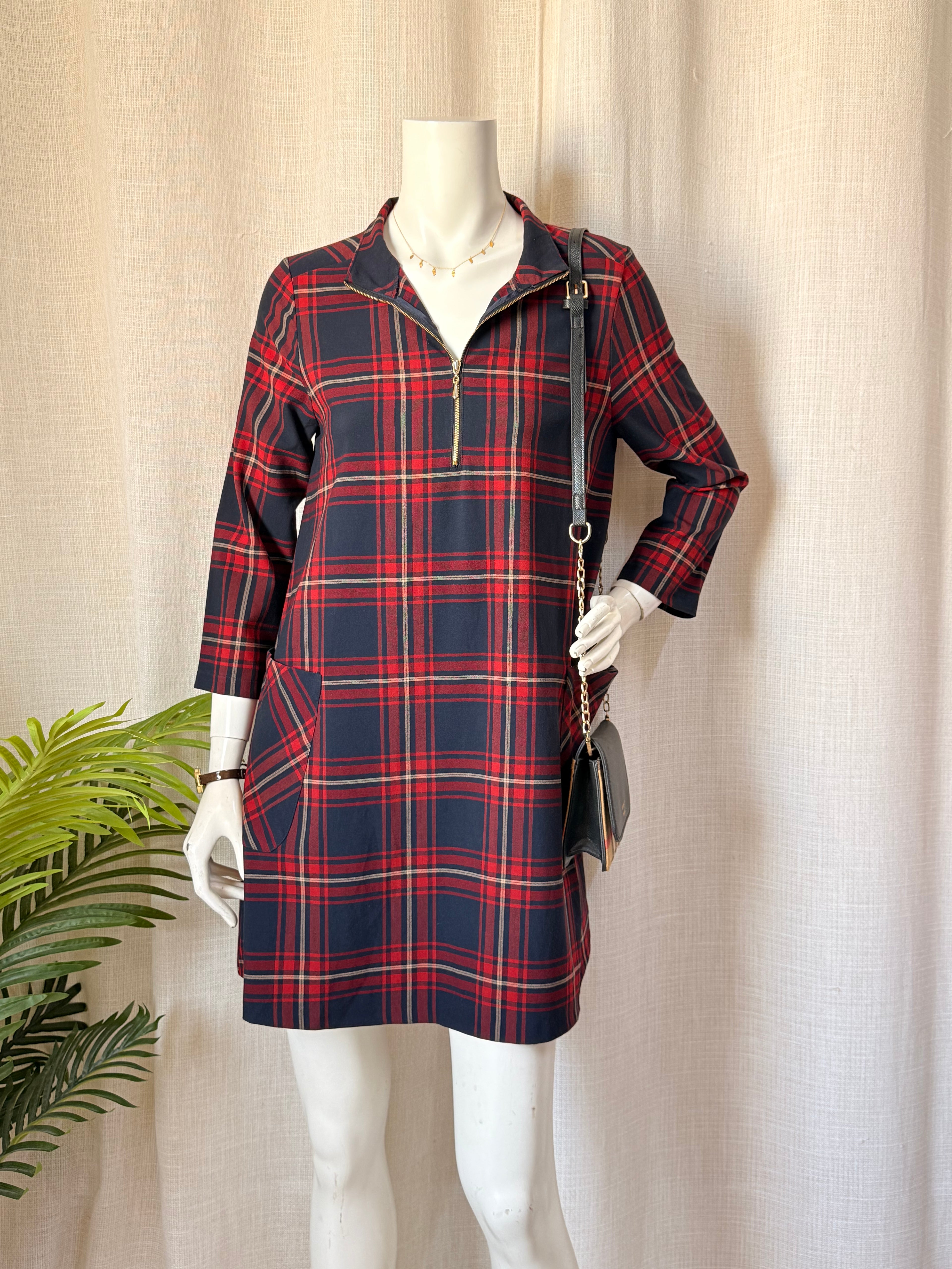 Authentic Zara Basic Navy & Red Plaid Zip Dress – Size S | Smart Casual Women’s Dress UAE