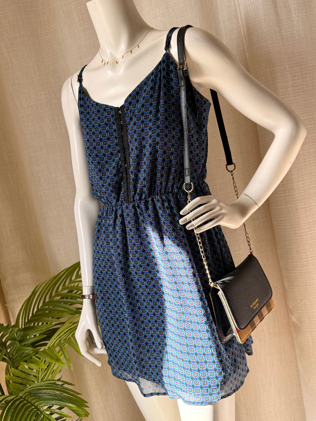 Bik Bok Geometric Print Cami Dress - Hook & Eye Corset Detail - Size Small