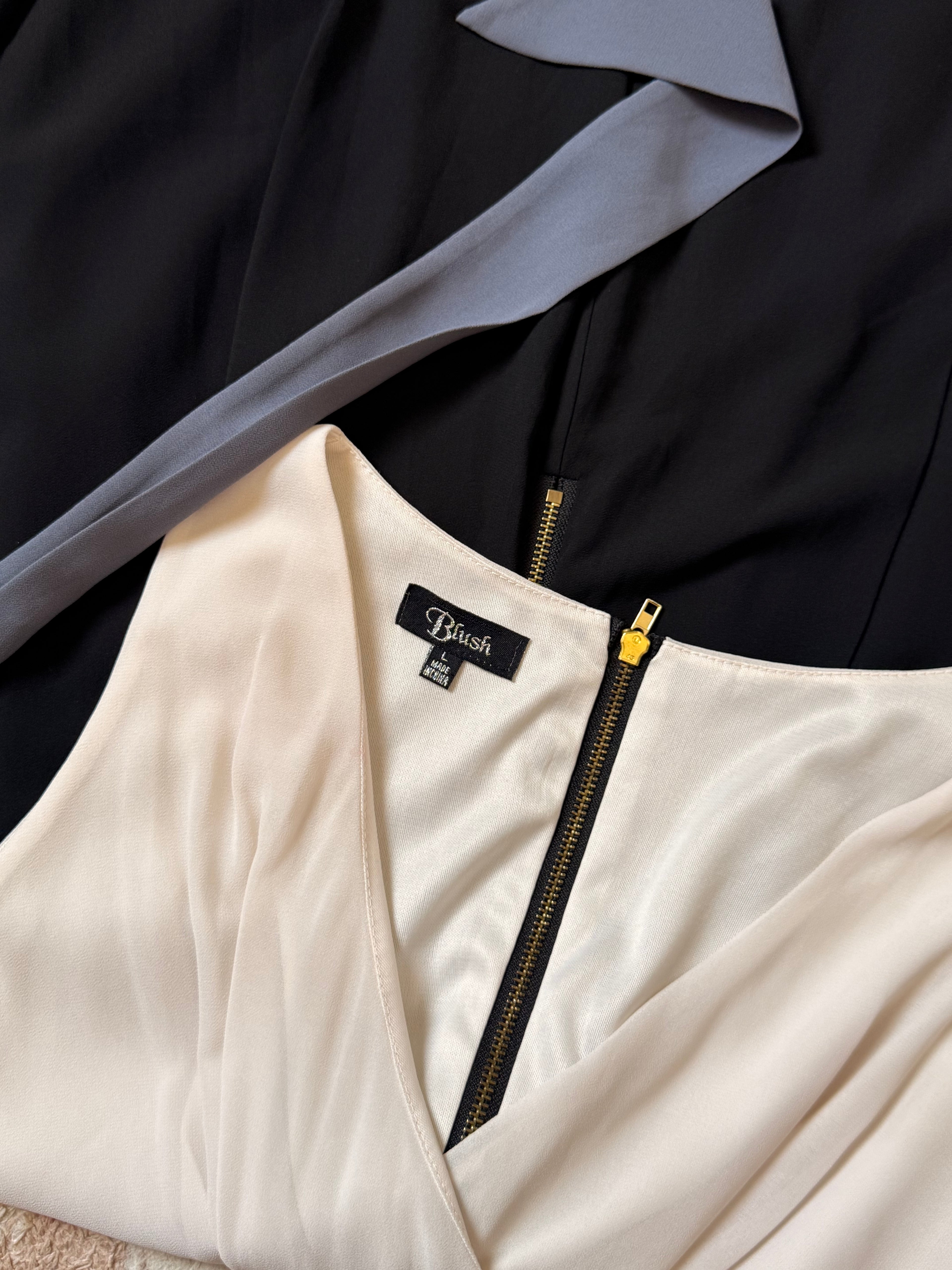 Blush Color-Block Mini Dress - Cream, Grey & Black - Pleated Skirt - Size Large