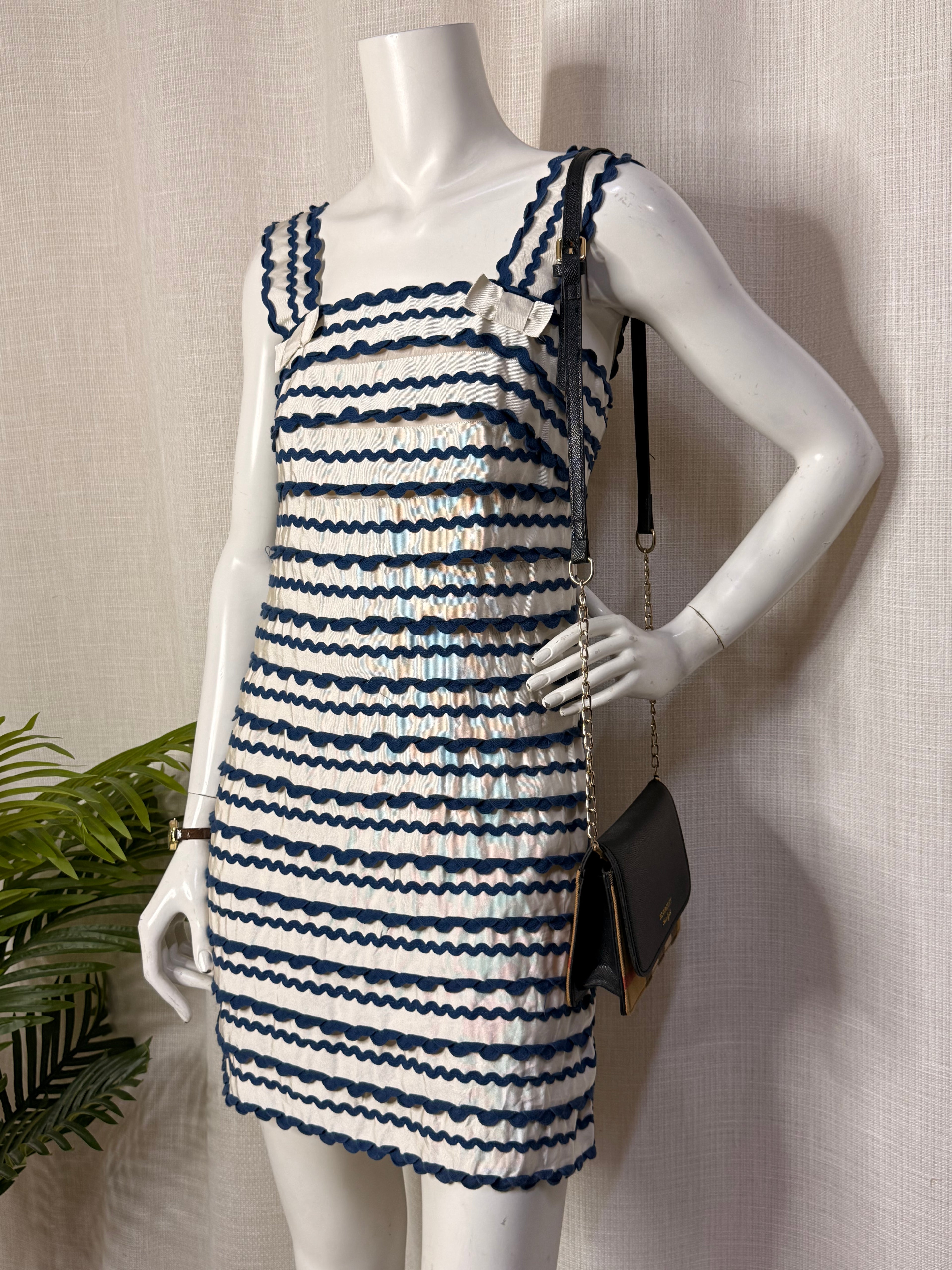 Vintage French Connection Cream & Navy Blue Ric-Rac Textured Mini Dress - Size UK 10 - Medium