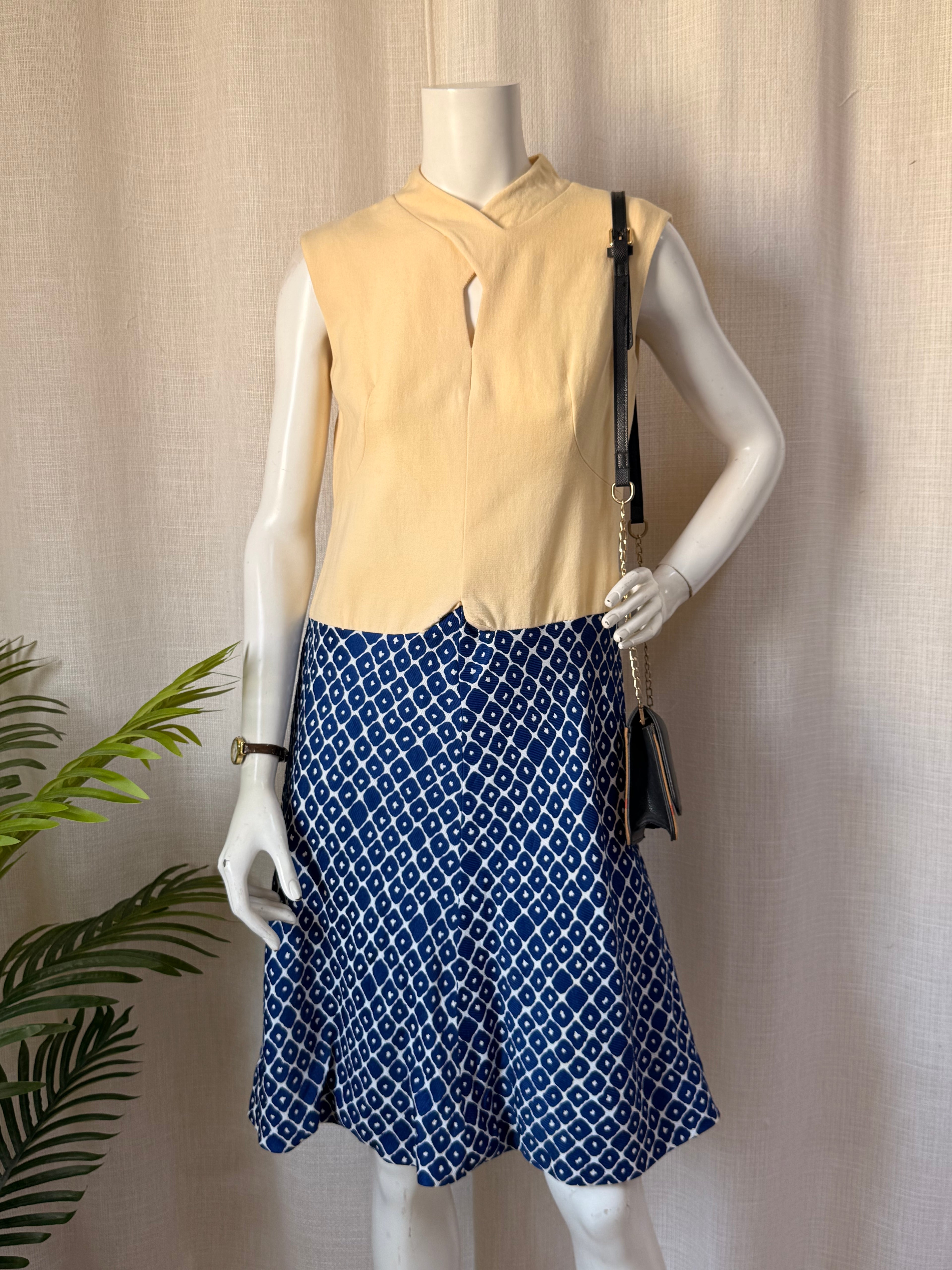Vintage Erofus London Mod Dress - Yellow & Blue Geometric | UK 14 | Large