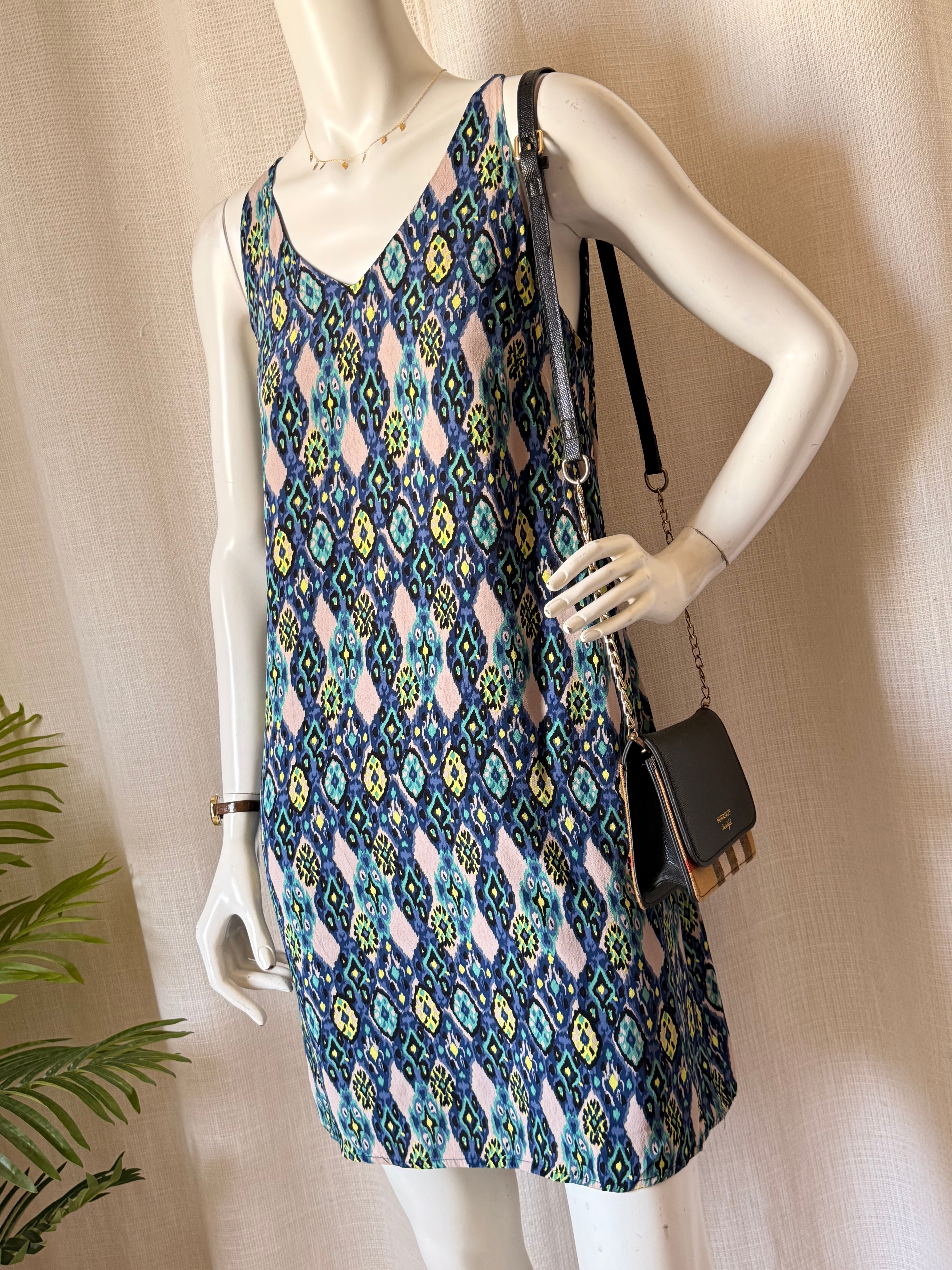 1.2.3 Paris Ikat Print Mini Dress - Blue/Green Silk Feel - Size FR 38 (Small Imperfections)