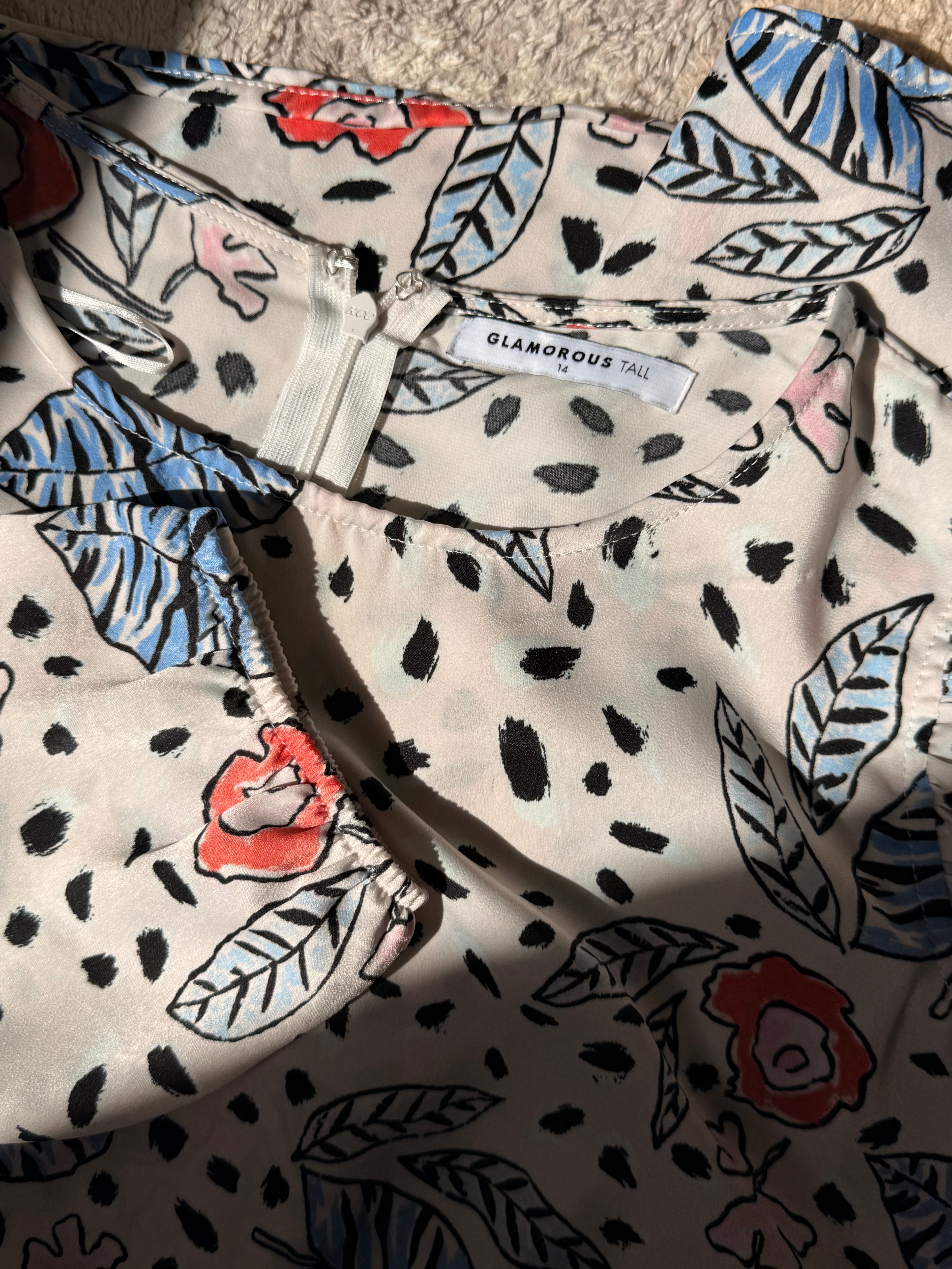 Glamorous Tall Abstract Floral & Spot Print Cold Shoulder Dress - Size 14 - Long Sleeve