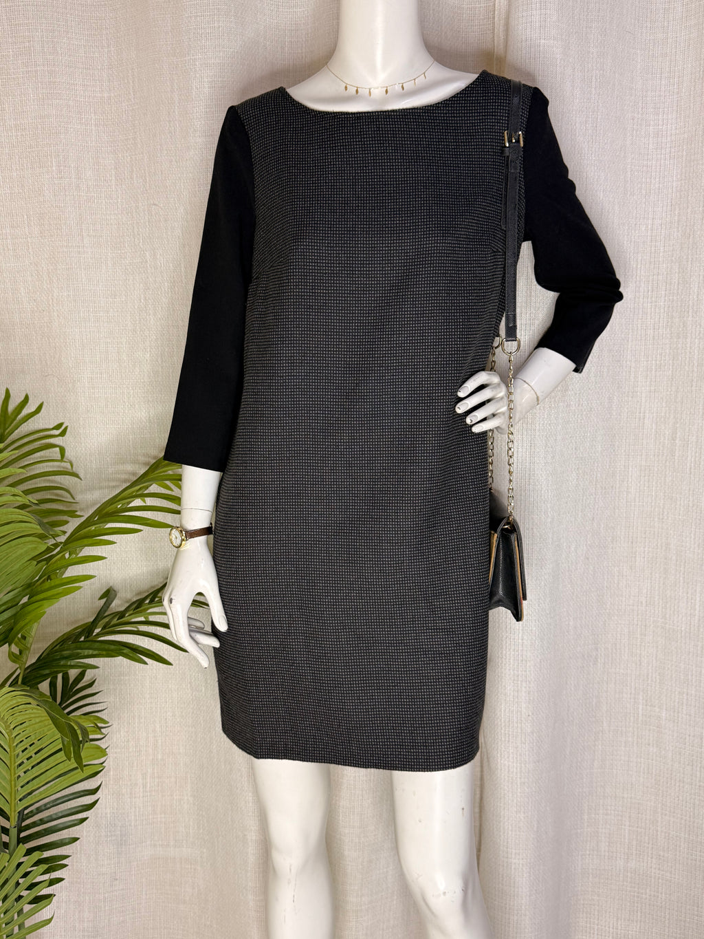 MANGO Basics Houndstooth Check Shift Dress - Black/Grey (Size L/XL)