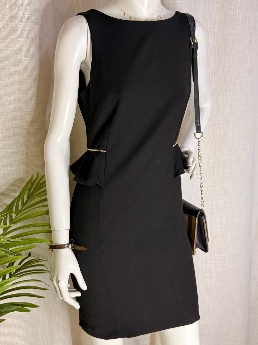 ZARA Trafaluc Peplum Accent Black Bodycon Dress - Gold Chain Detail (Size L / Fits Medium)