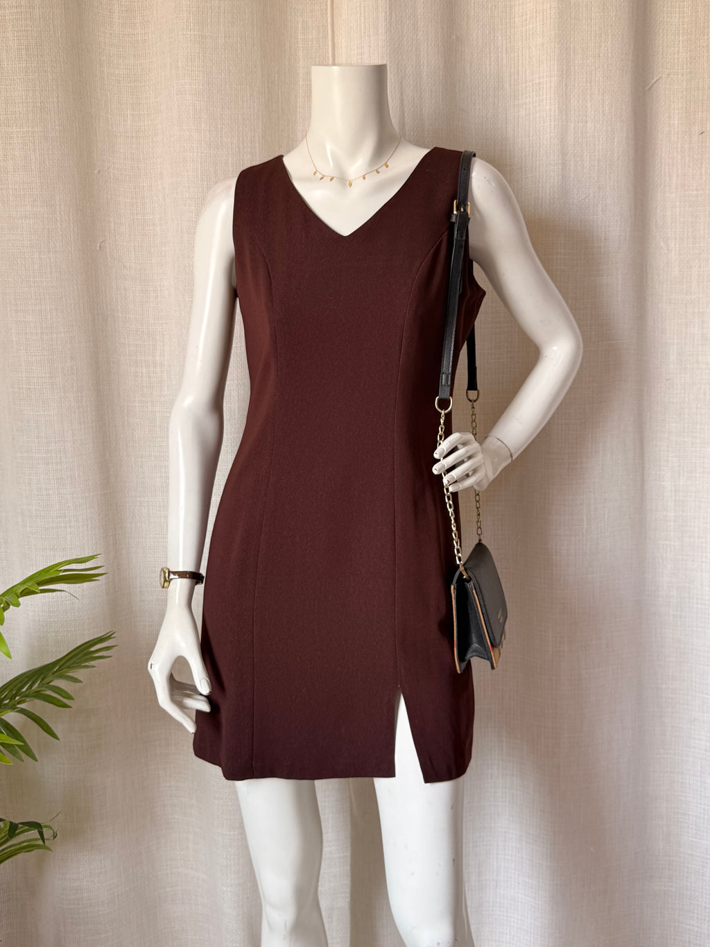 Chocolate Brown V-Neck Mini Dress | Sleeveless Sheath | Bust 36"