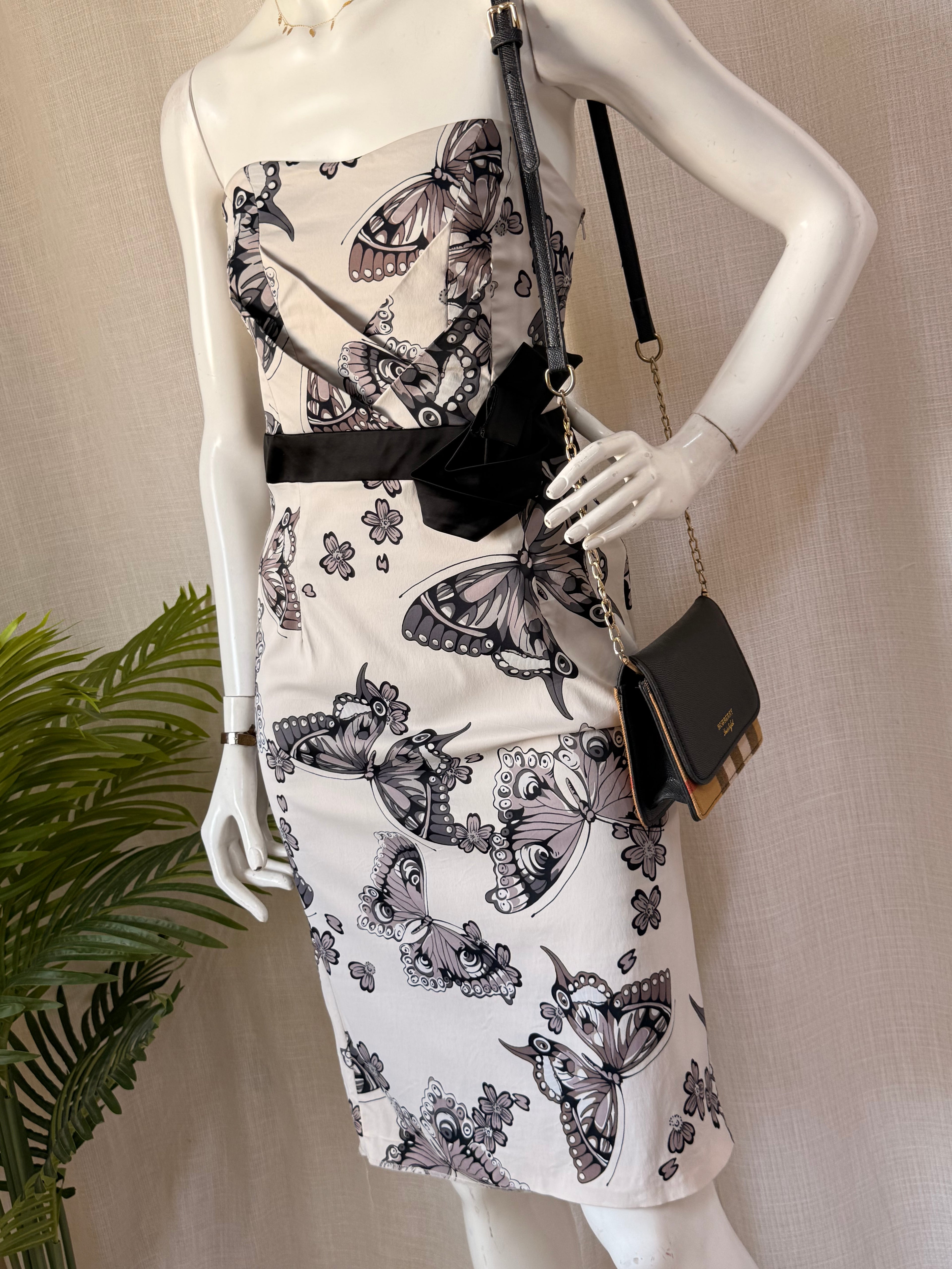 Vintage Karen Millen Butterfly Print Strapless Pencil Dress | UK 14