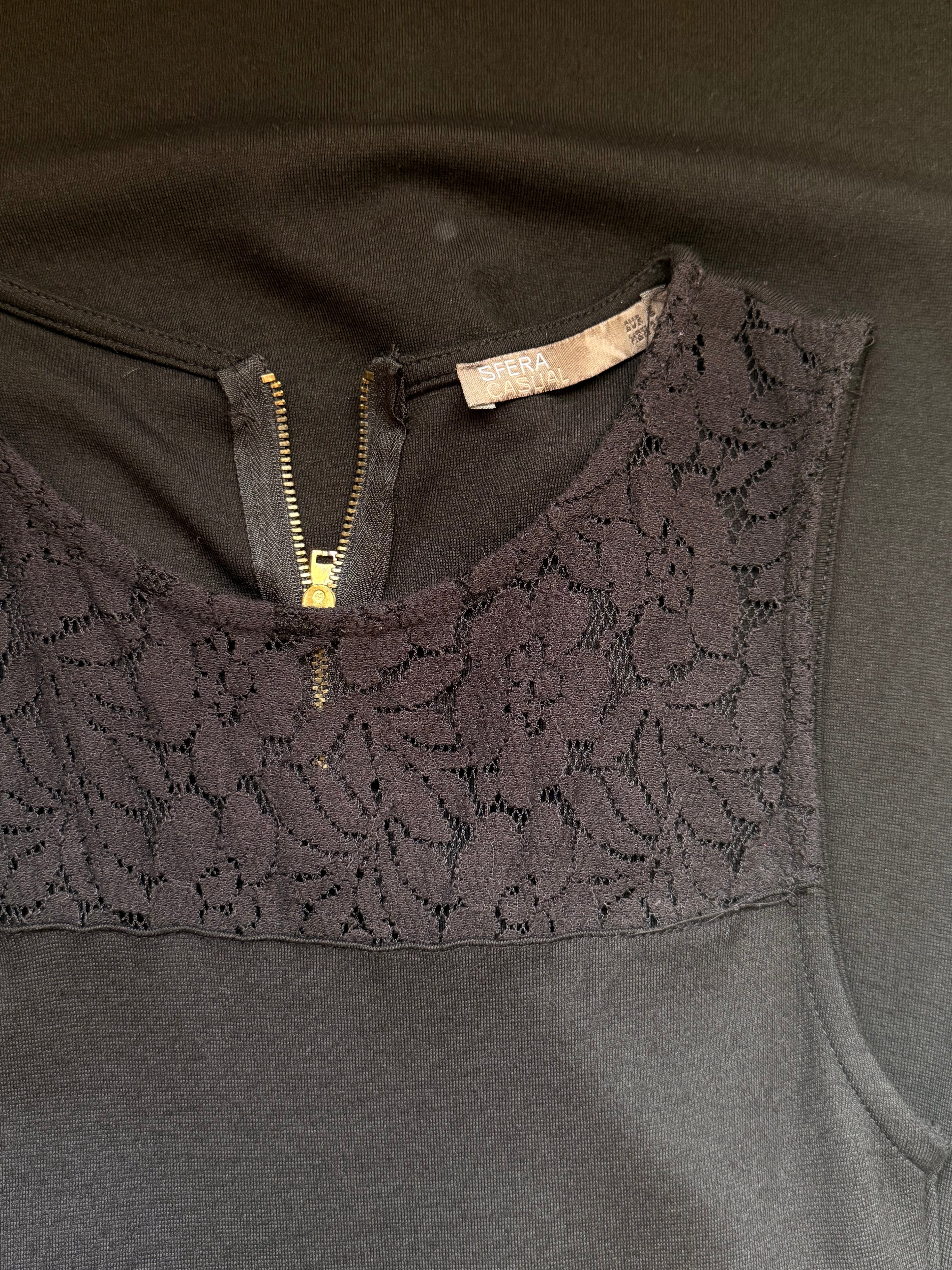 SFERA CASUAL Lace Yoke Pleated A-Line Dress - Classic Black (Size S)