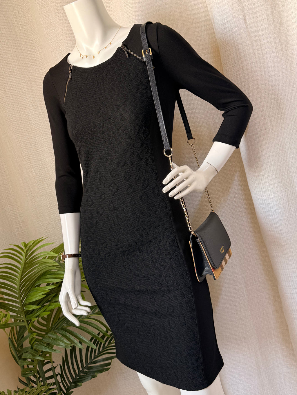 Orsay Black Leopard Jacquard Sheath Dress | 3/4 Sleeve