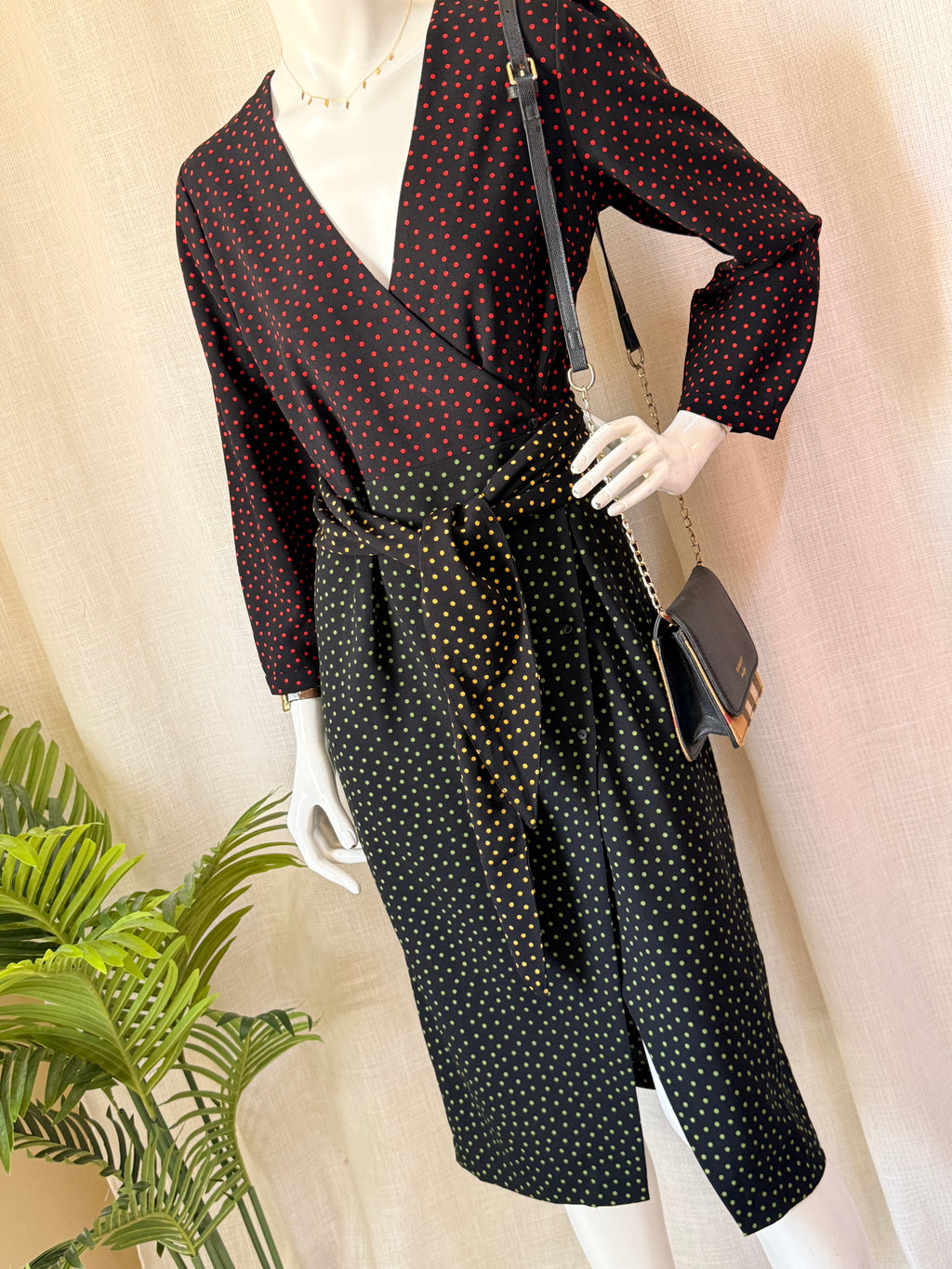 Zara Woman Polka Dot Faux Wrap Midi Dress with Waist Tie (Size S)