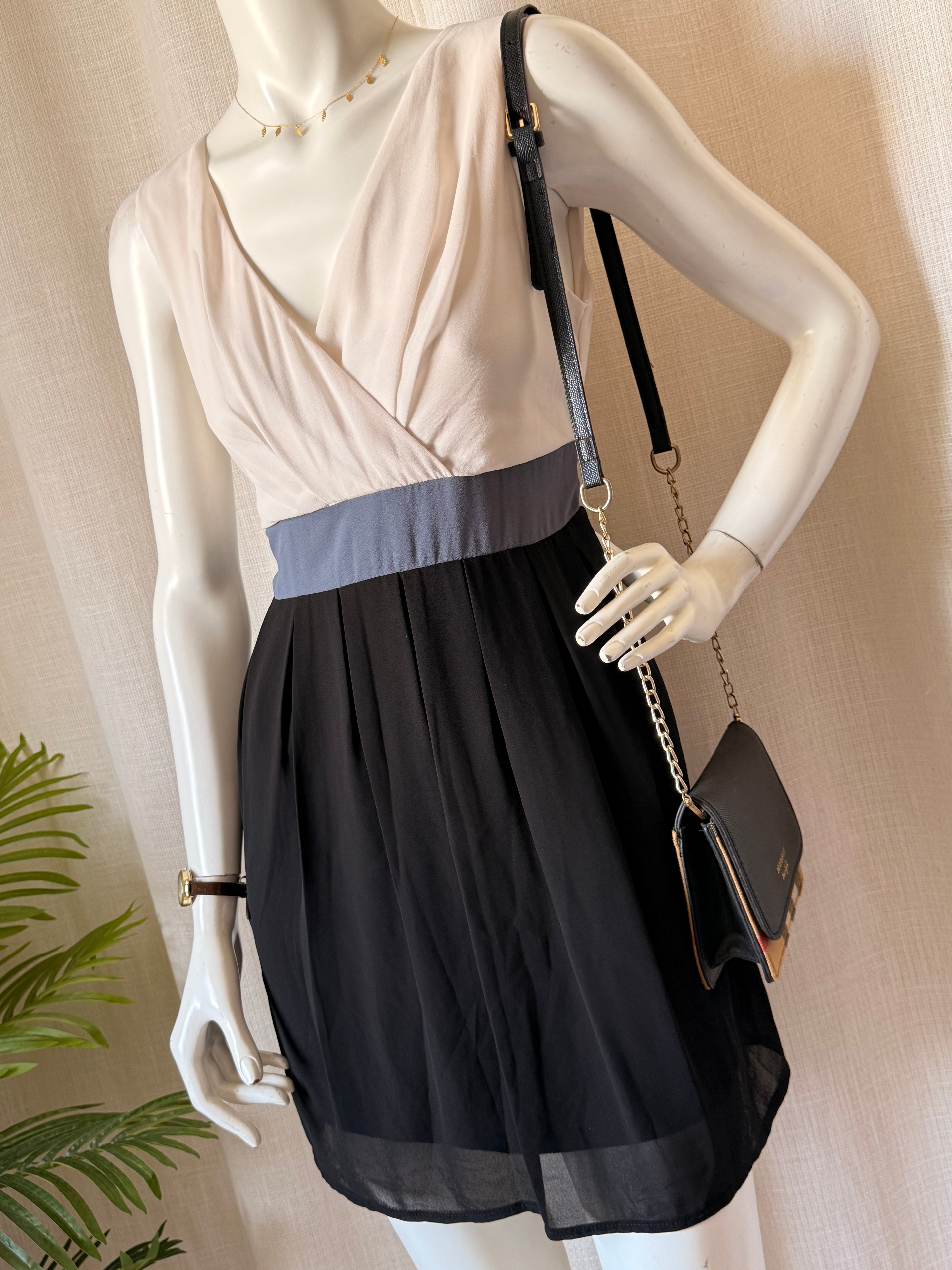 Blush Color-Block Mini Dress - Cream, Grey & Black - Pleated Skirt - Size Large