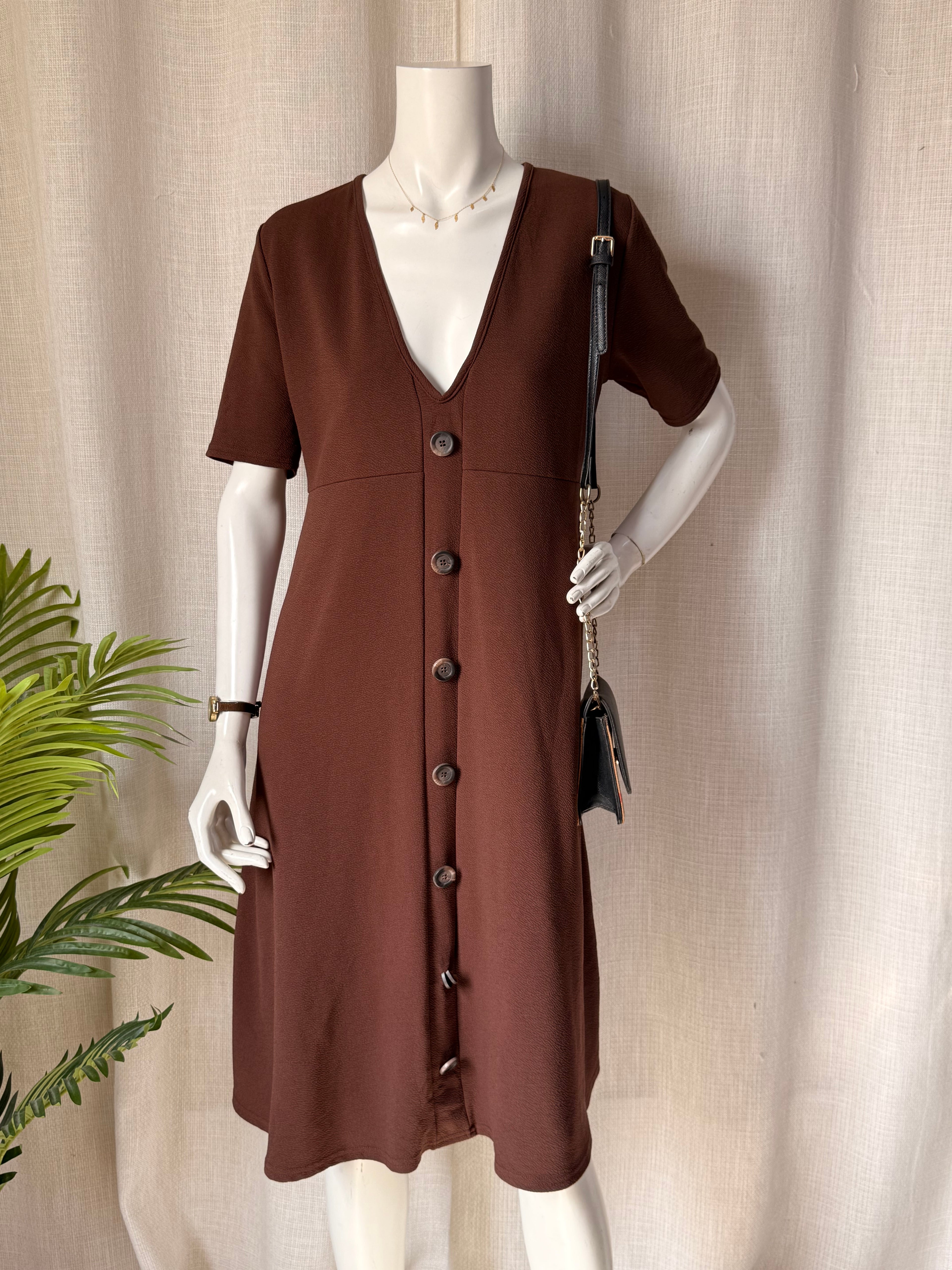 boohoo Chocolate Brown Button-Front V-Neck Midi Dress – Size UK 16 / US 12 | Casual & Smart Midi Dress