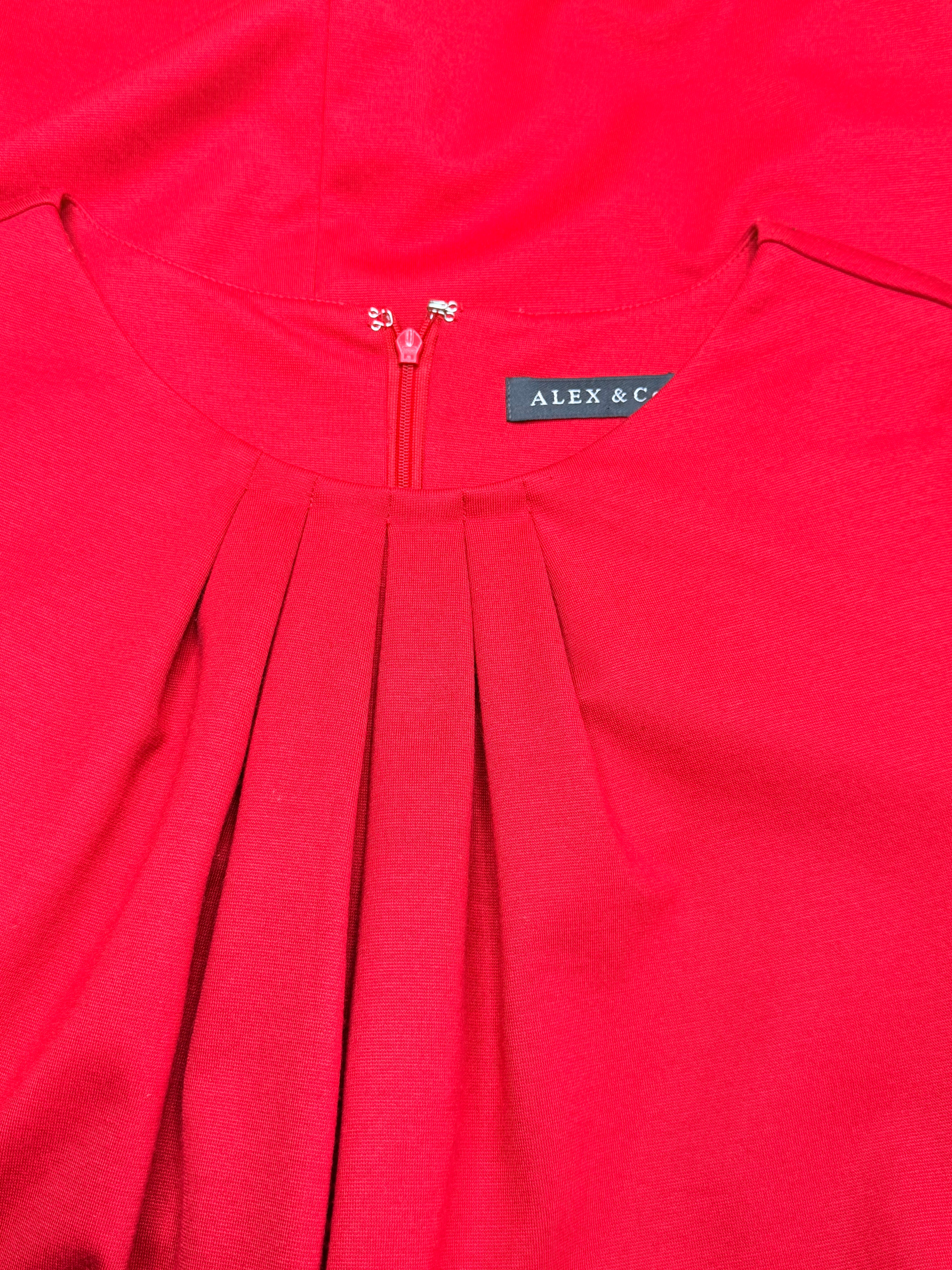 Alex & Co. Pleated Round Neck 3/4 Sleeve Shift Dress in Vibrant Red