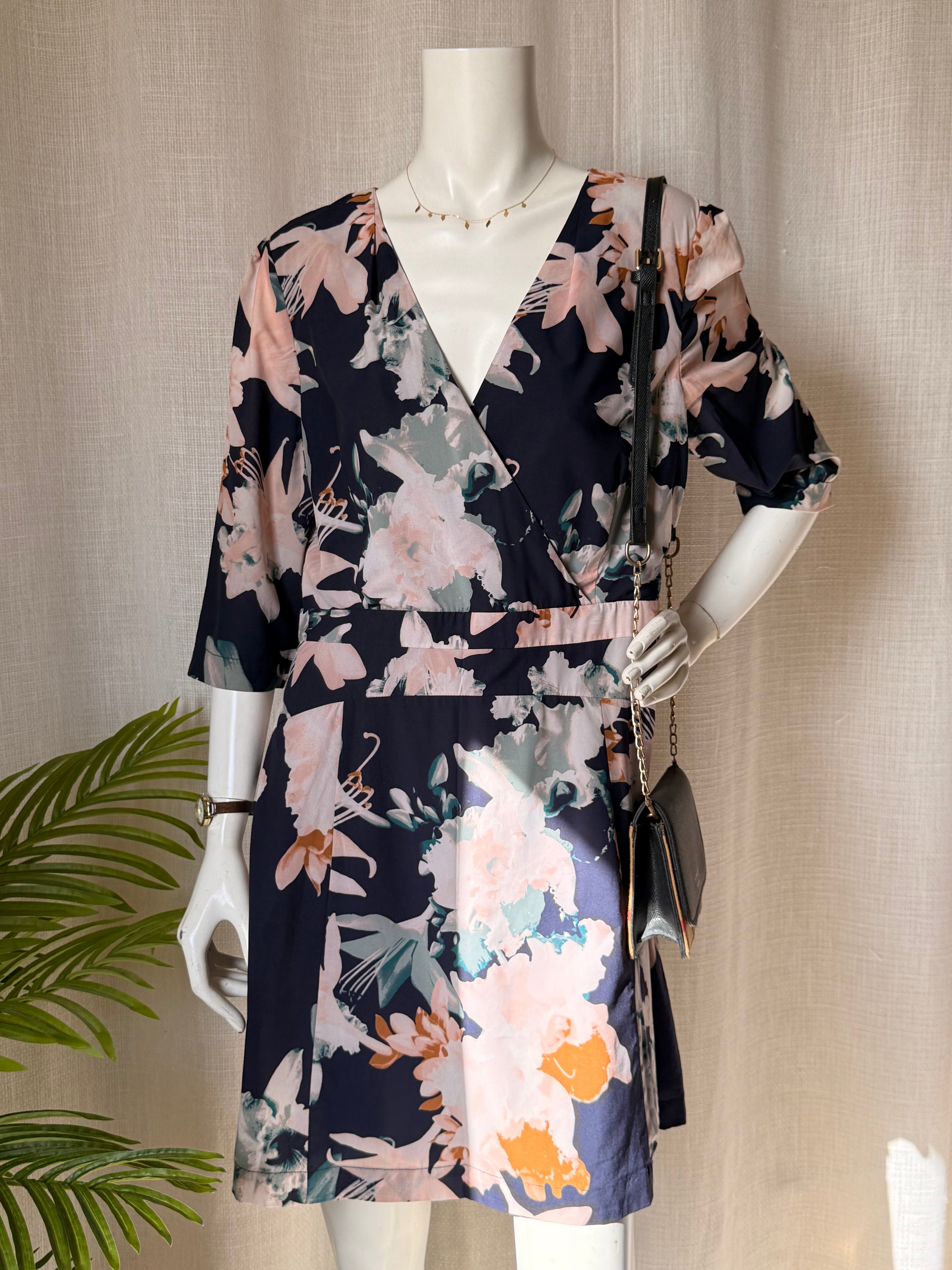 Portmans Floral Faux-Wrap Dress - Navy & Blush Satin Finish - Size 14 (L)