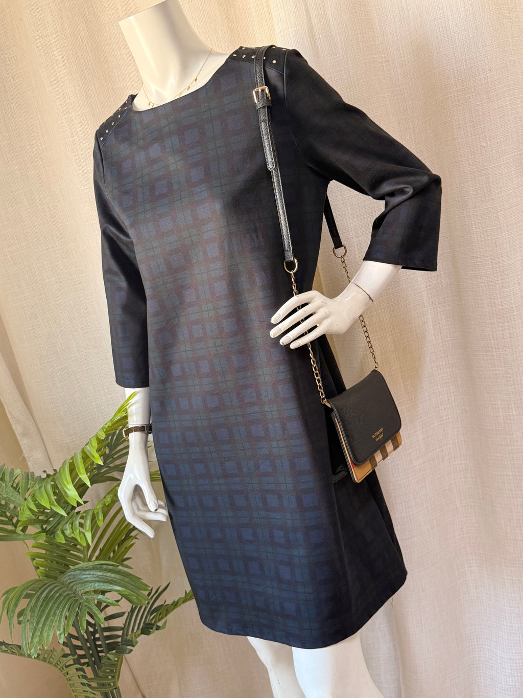 Cortefiel Plaid Studded Shift Dress - Size L (UK 12 / US 8)