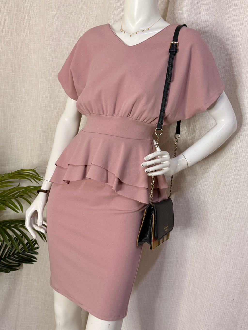 Cherry Moda Blush Pink Peplum V-Neck Midi Dress – Size XS / UK 6