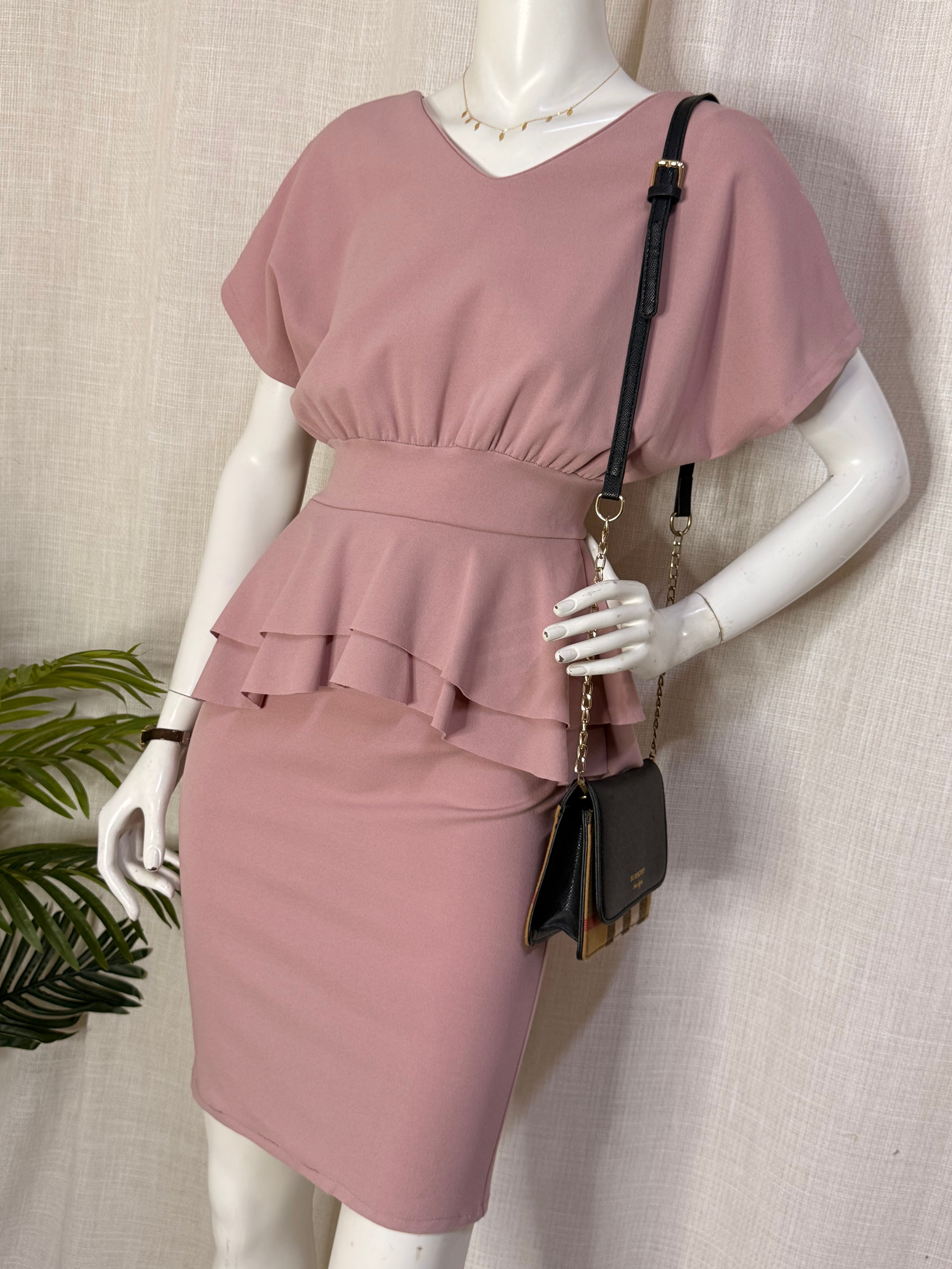 Cherry Moda Blush Pink Peplum V-Neck Midi Dress – Size XS / UK 6