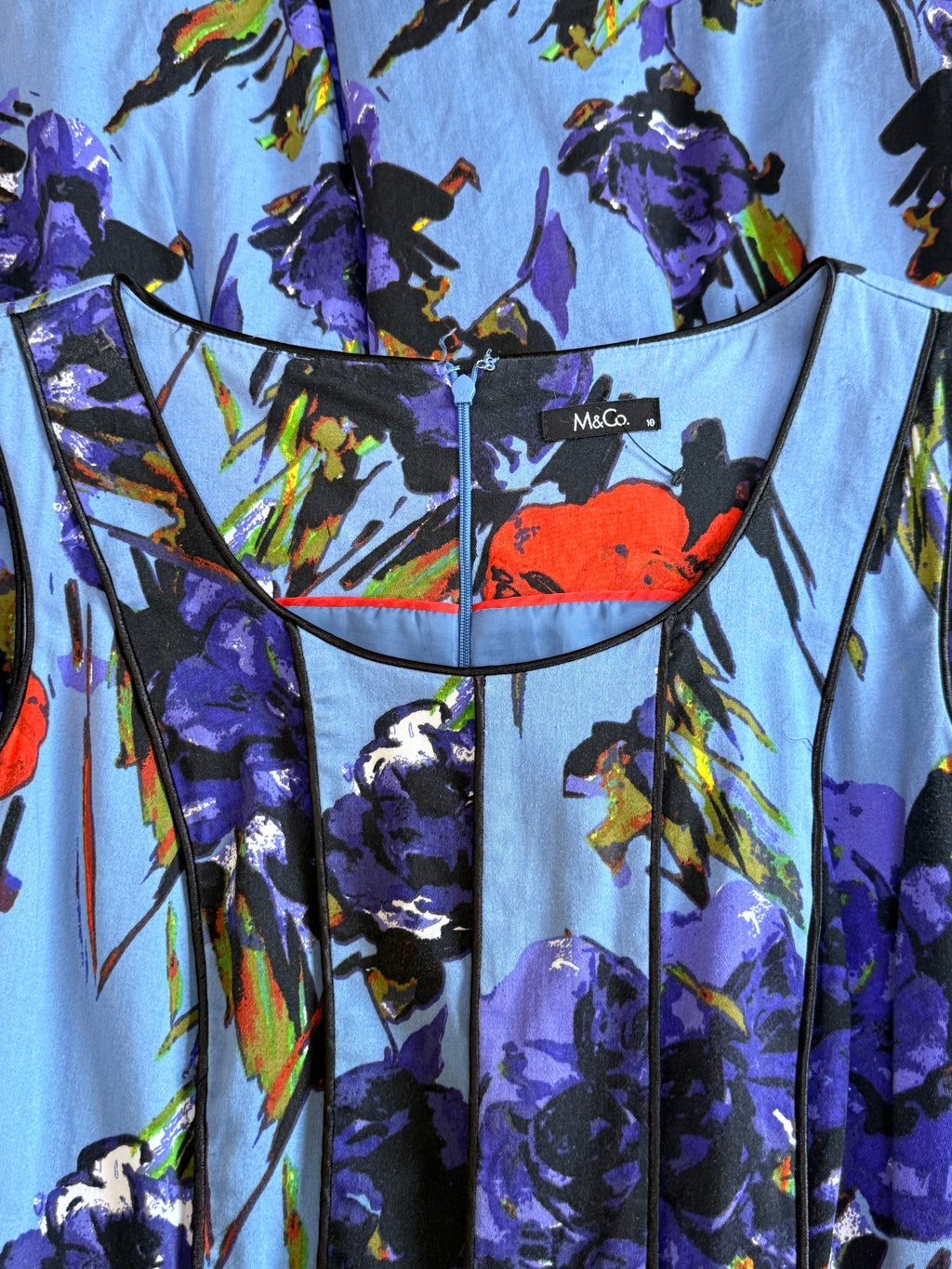 M&Co. Blue Floral Fit & Flare Dress - Size UK 10 - Artistic Print Midi with Tulle Underlay