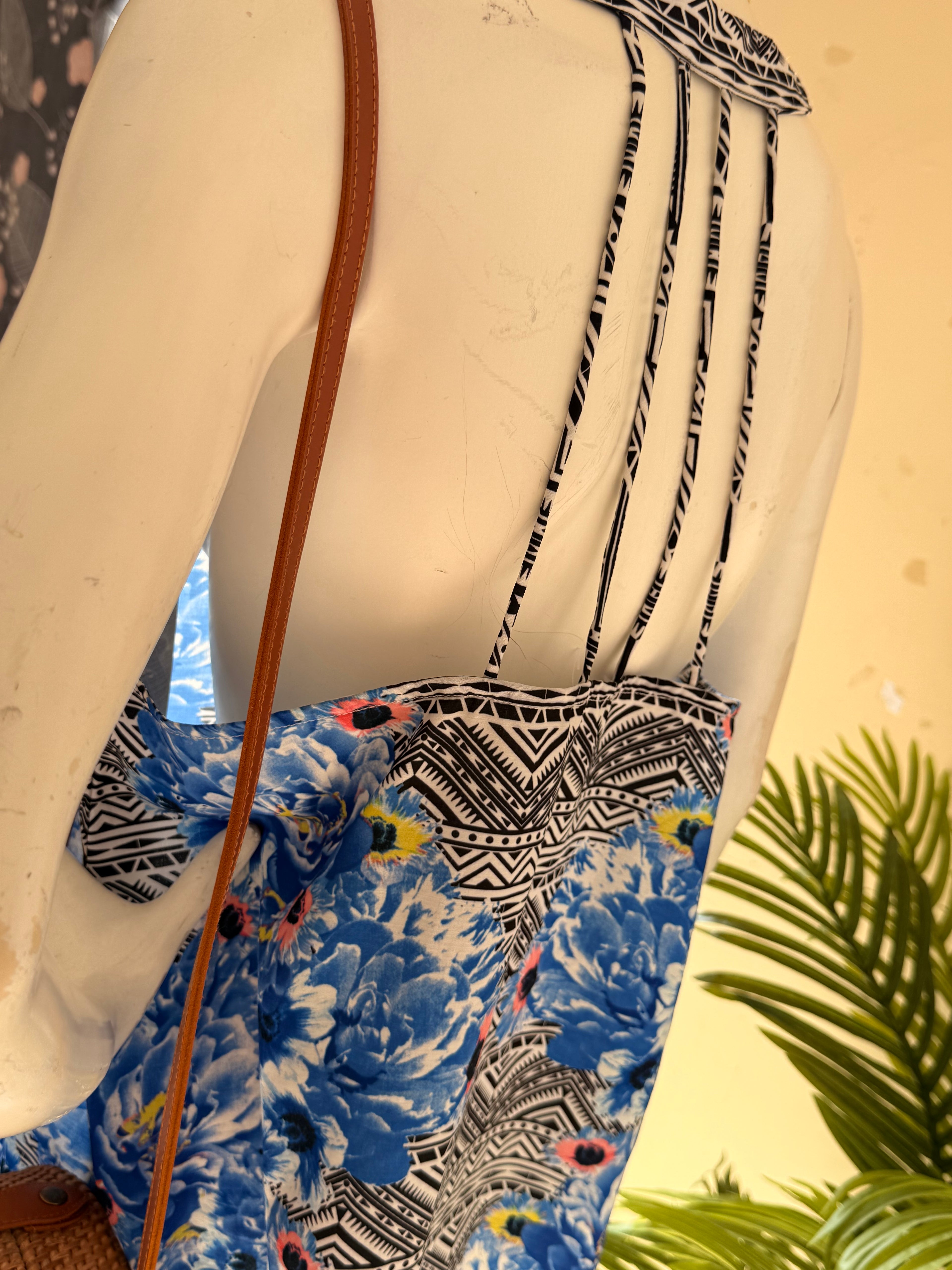 Faith in Love Geometric & Floral Mini Dress - Strappy Back - Size 10 - Blue Boho