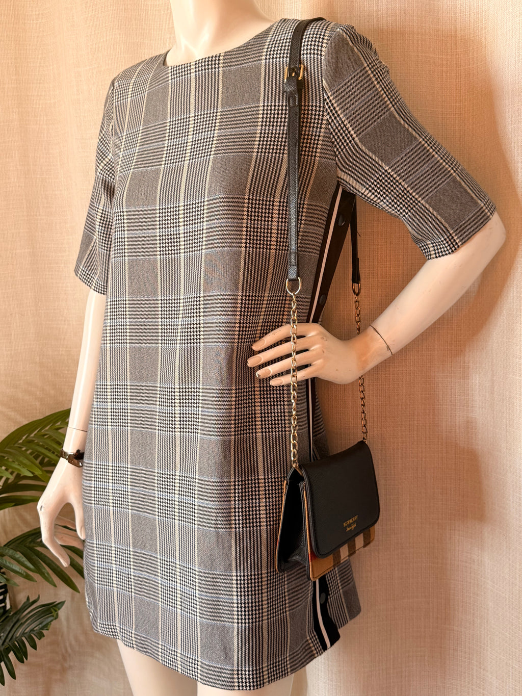 Zara TRF Grey Plaid Checkered Shift Mini Dress - Size L (Bust 40")