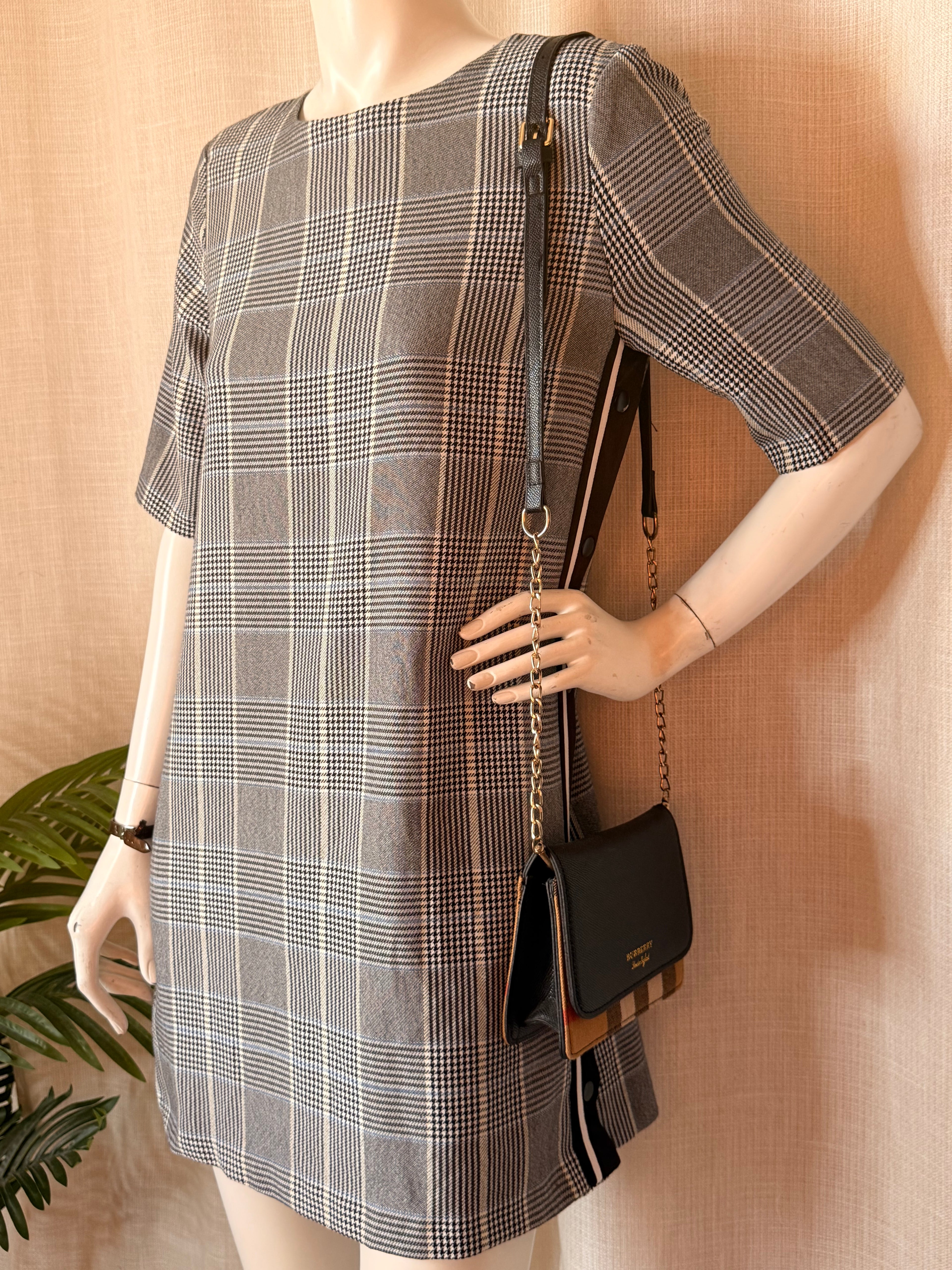 Zara TRF Grey Plaid Checkered Shift Mini Dress - Size L (Bust 40")