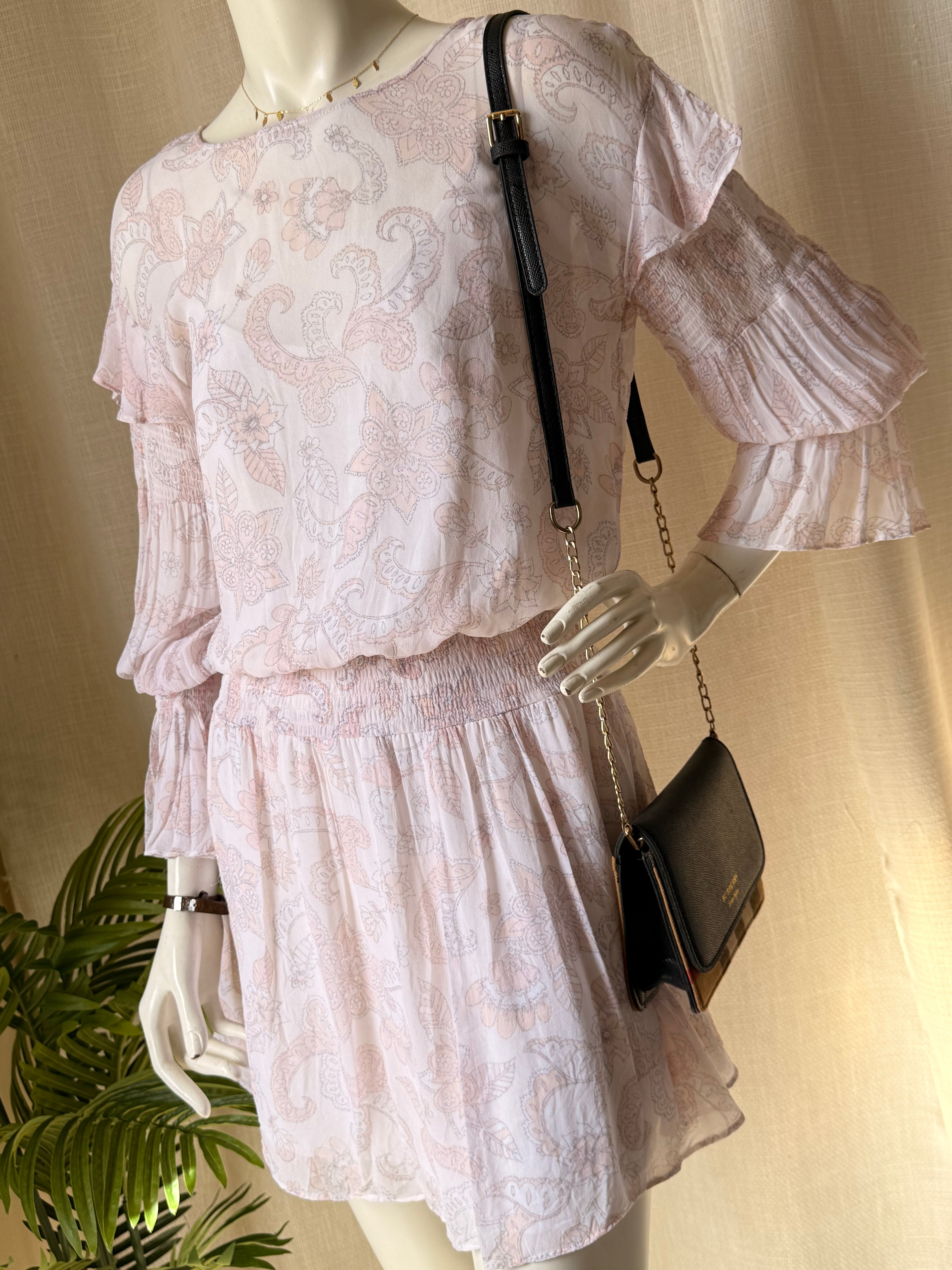 Seed Heritage Paisley Smocked Mini Dress | Pink Boho Ruffle Sleeve - Size 10