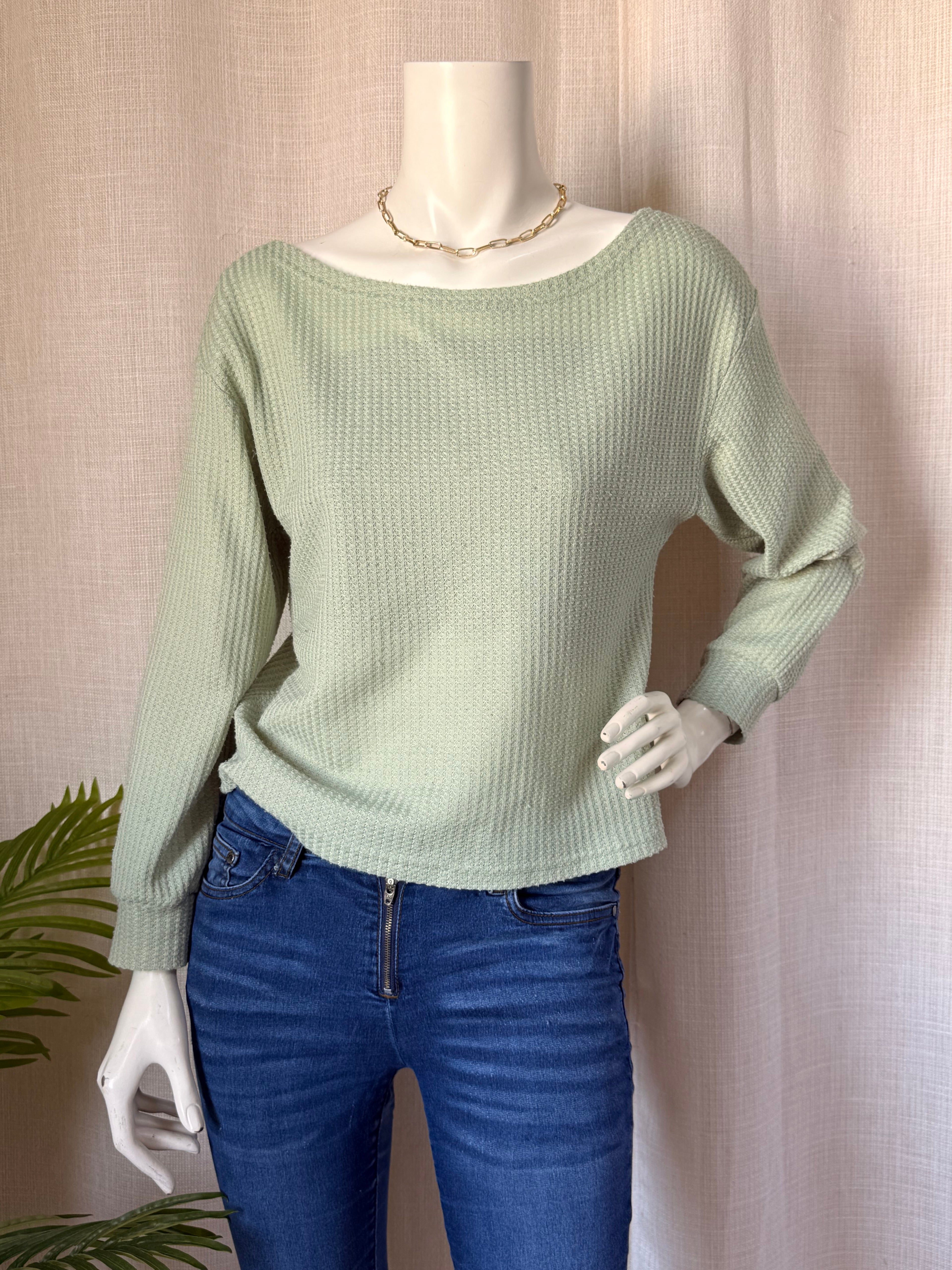 SHEIN Sage Green Waffle Knit Boat Neck Top | Small