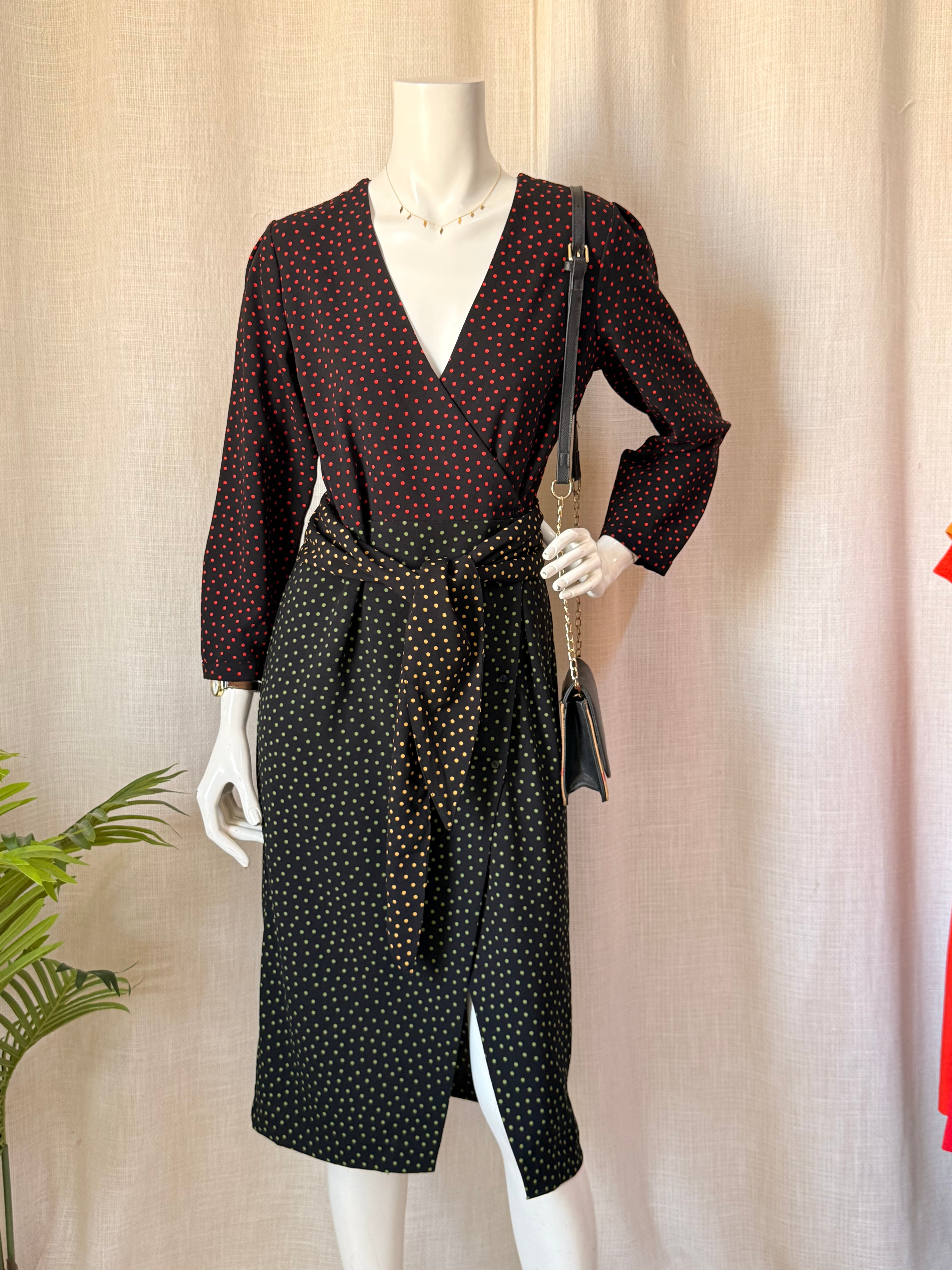 Zara Woman Polka Dot Faux Wrap Midi Dress with Waist Tie (Size S)