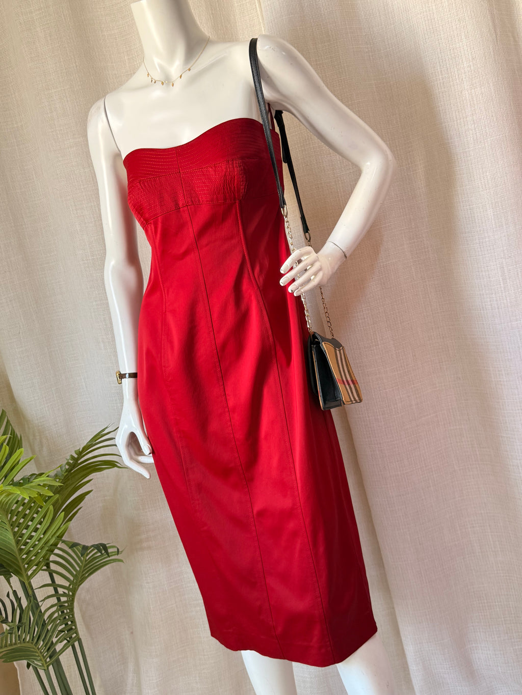 Next Strapless Panel-Stitched Red Midi Sheath Dress (Size UK 14 / EUR 42)