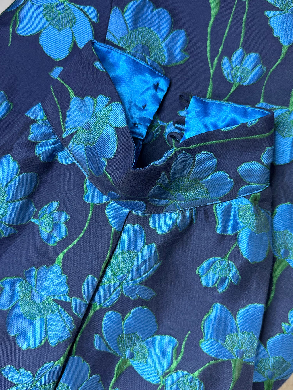 Luxury Navy & Teal Floral Brocade Halter Mock Neck Midi Dress – UK 10 / Medium