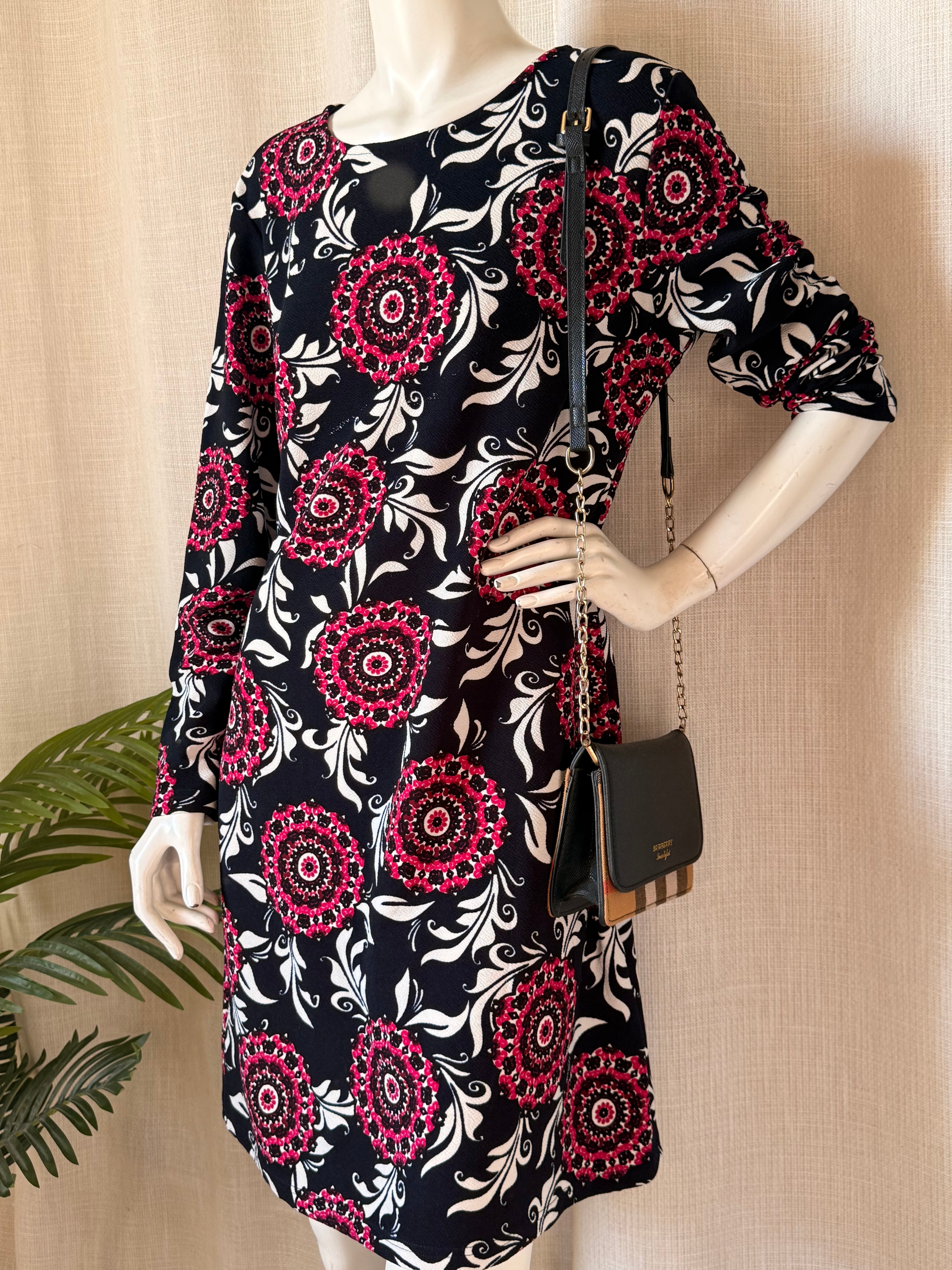 Floral Mandala Print Shift Dress (Size UK 16 / Large) – Pink & Black Knee-Length Dress