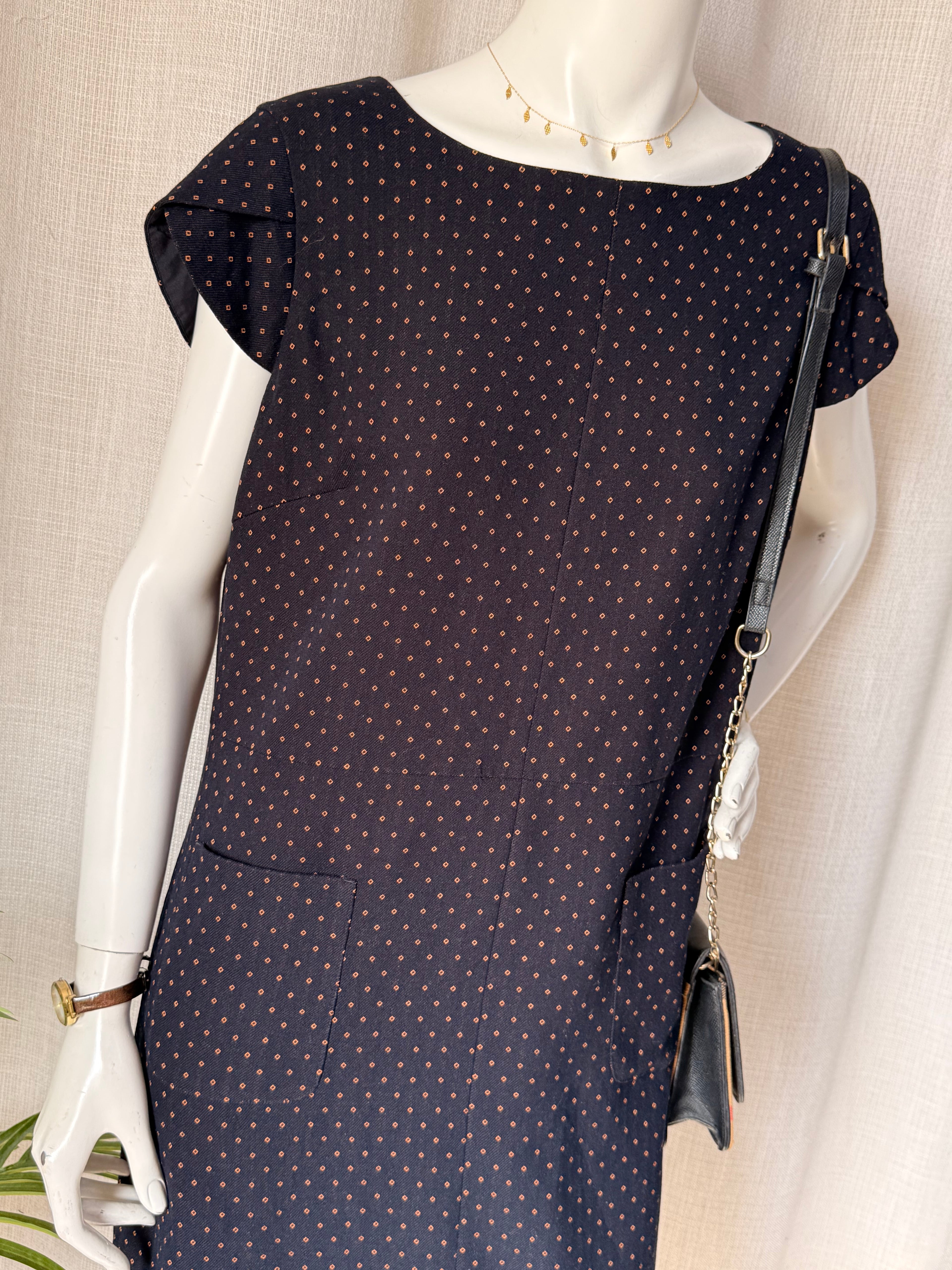NEXT TAILORING Black & Gold Geometric Printed Shift Dress – Size UK 16 / EU 44 | Smart Workwear & Occasion Dress