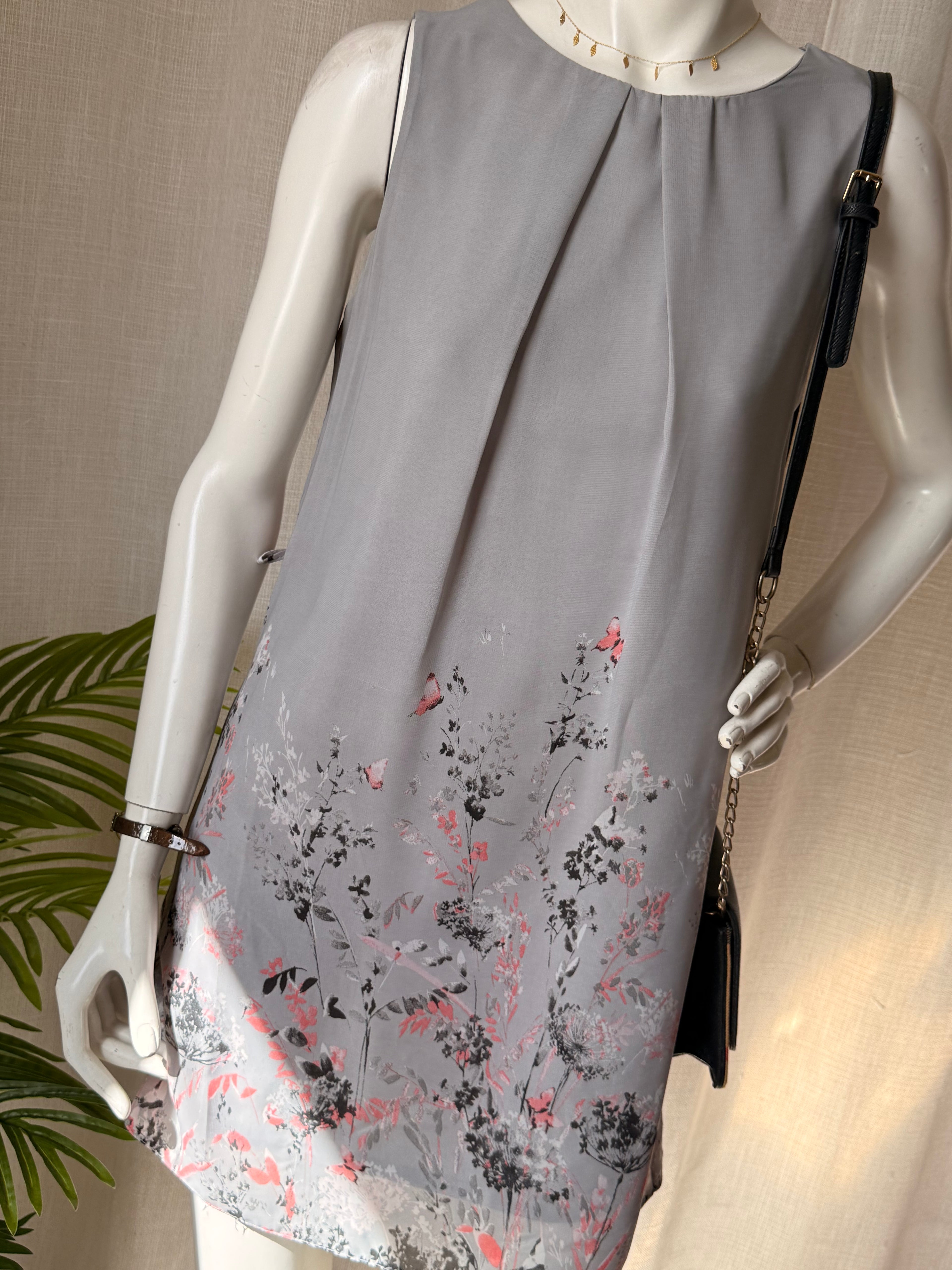 Atmosphere Grey Floral Shift Dress - Pleated Neckline & Butterfly Print - Size 10 (M)