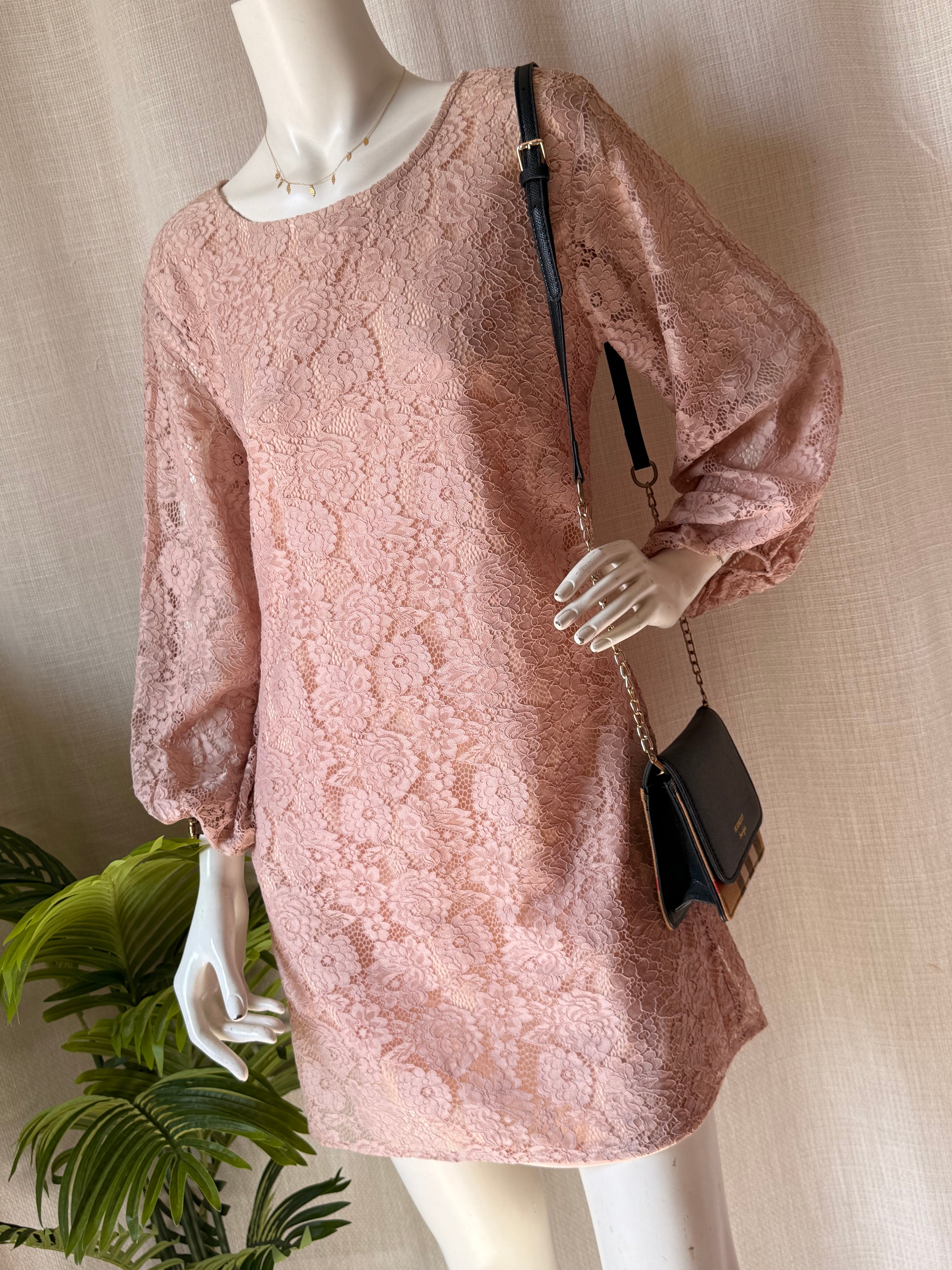 Miracle Dusty Pink Lace Dress (UK 12) | Elegant Lace Mini Dress