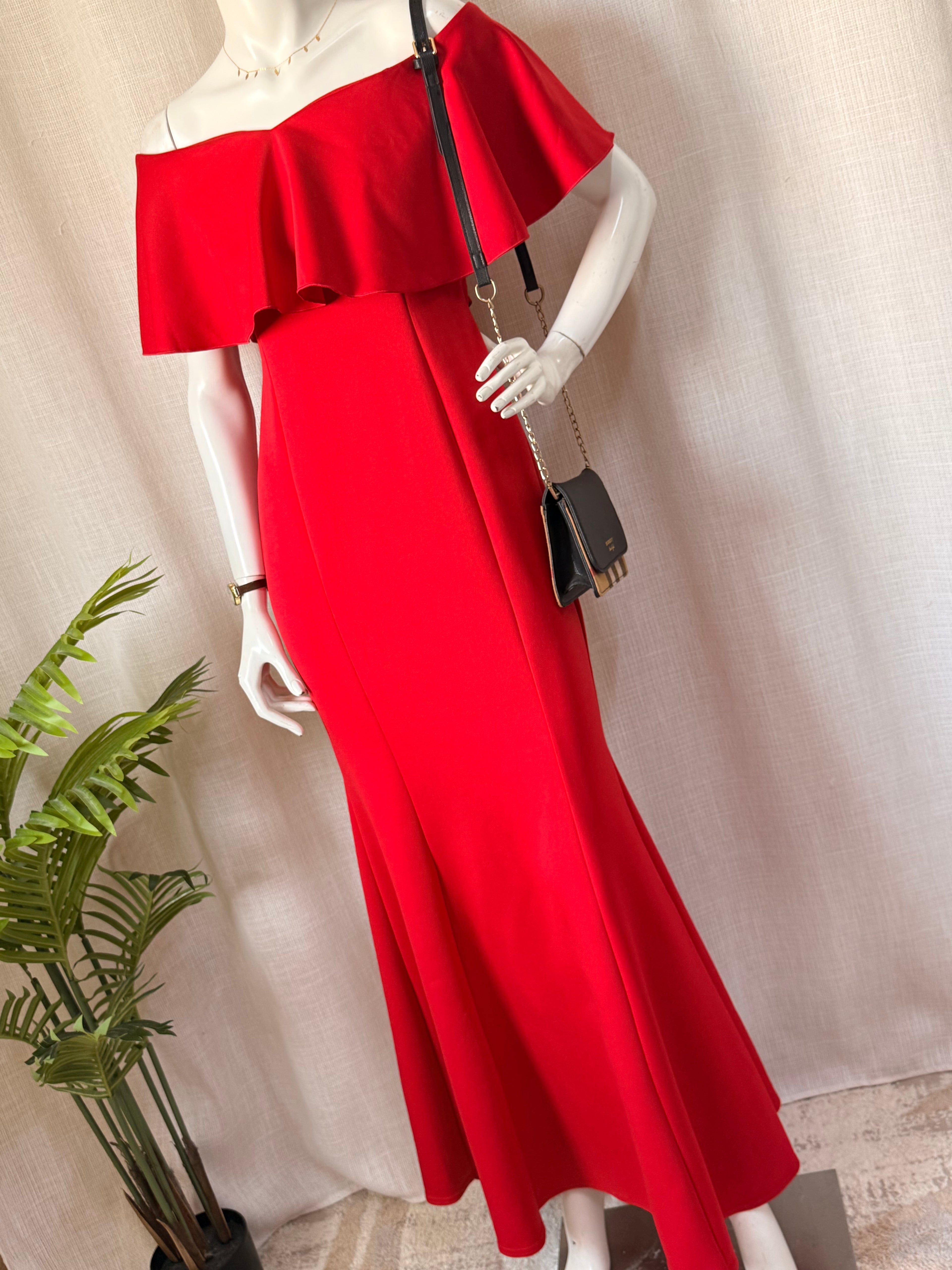QUIZ Red Off-the-Shoulder Maxi Dress | Bardot Ruffle Evening Gown | UK 14 / EUR 42