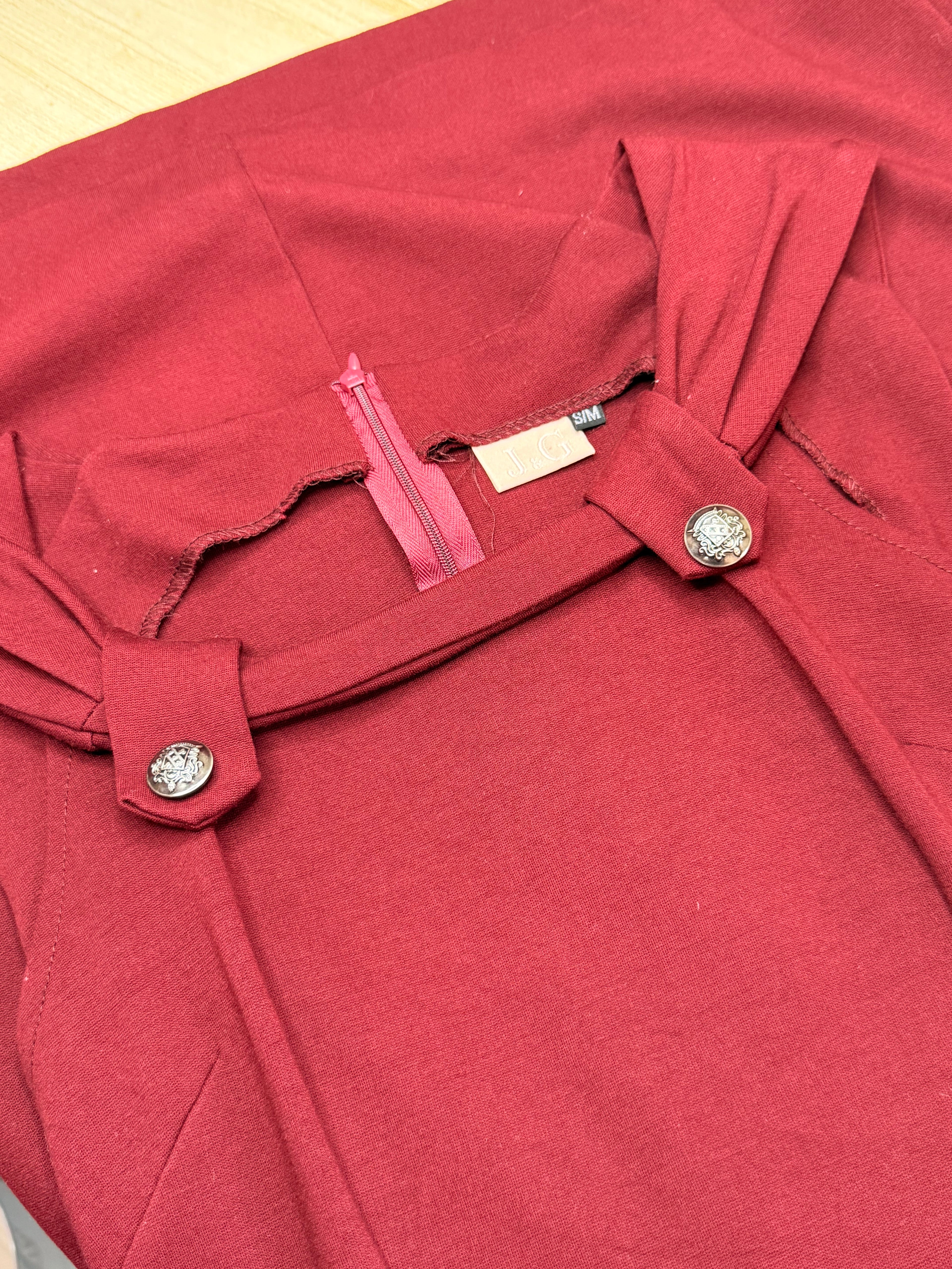 J&G Burgundy Red Square Neck Mini Dress with Engraved Buttons (Size S/M)