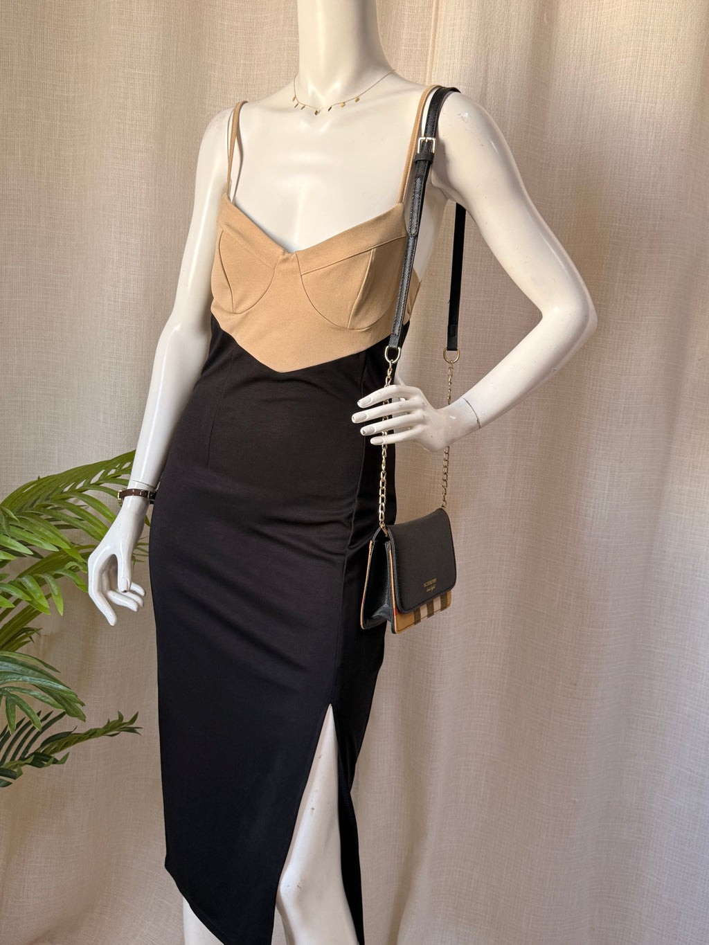 Two-Tone Corset Style Midi Dress in Beige & Black
