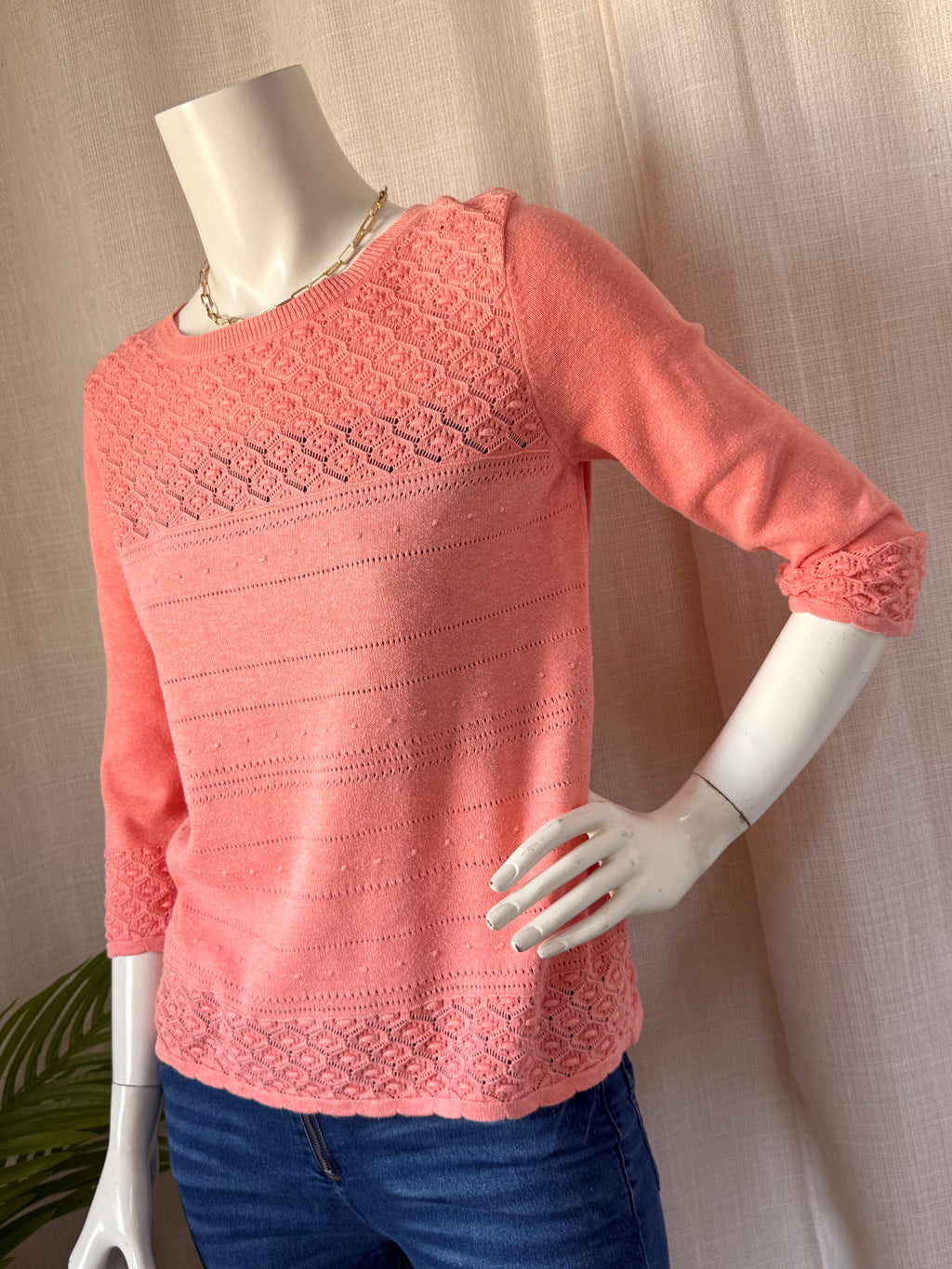 M&S Indigo Collection Salmon Crochet-Detail Knit Top - UK 8
