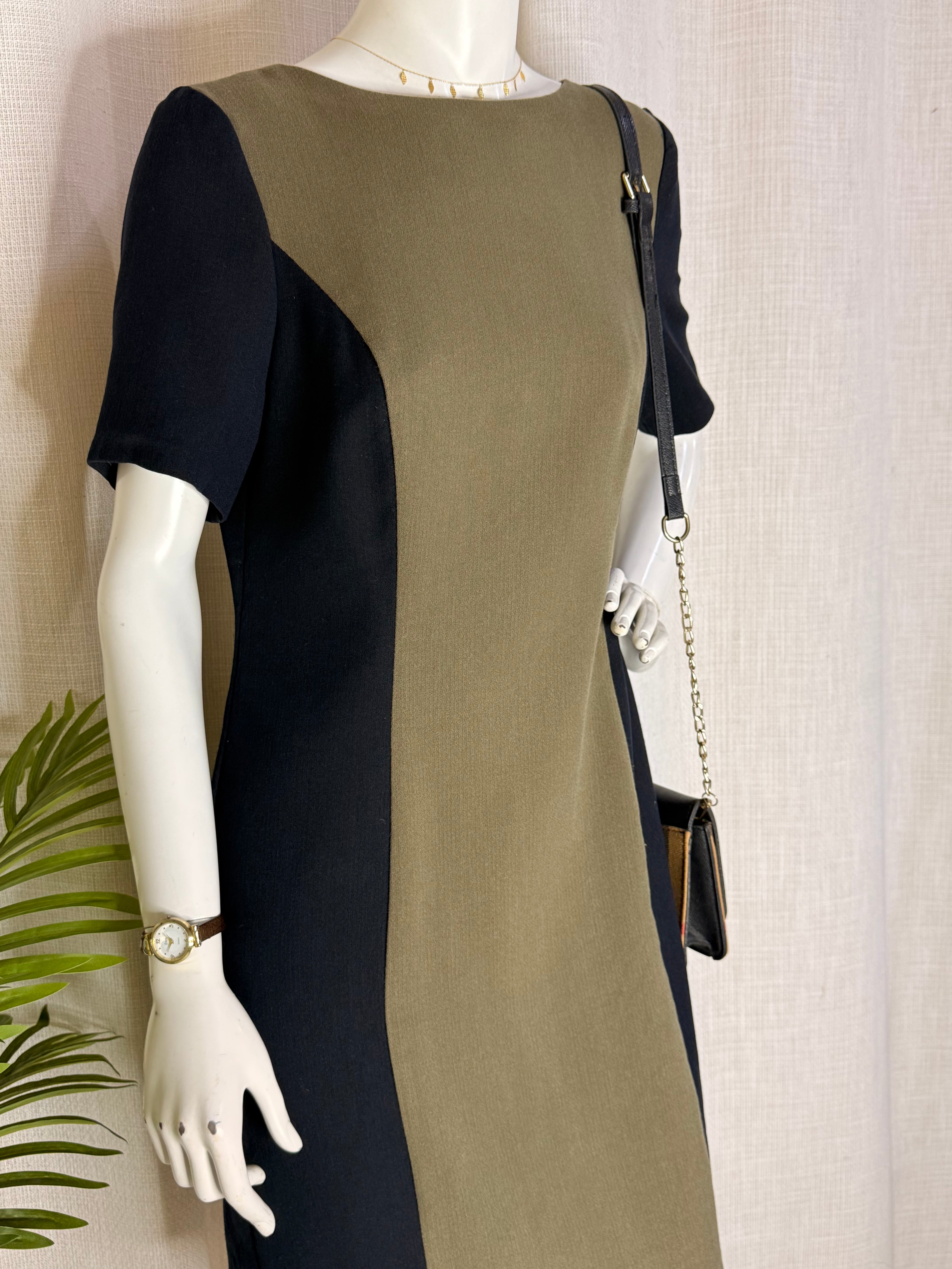 PAPAYA Color-Block Shift Dress - Khaki Green & Black (Size UK 14 / Large)