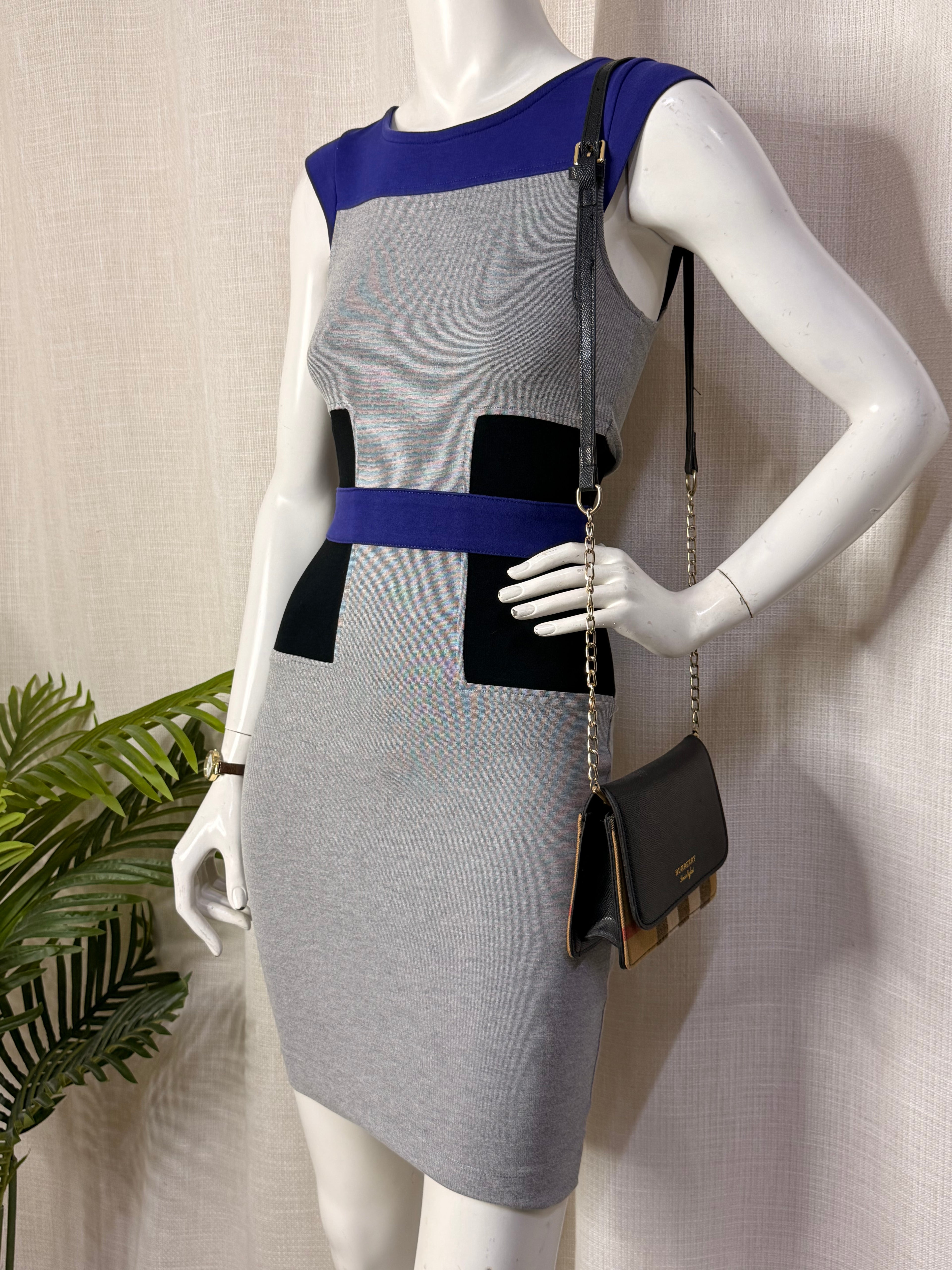 French Connection Grey, Blue & Black Color-Block Bodycon Dress - Size UK 8 / US 4 - Small