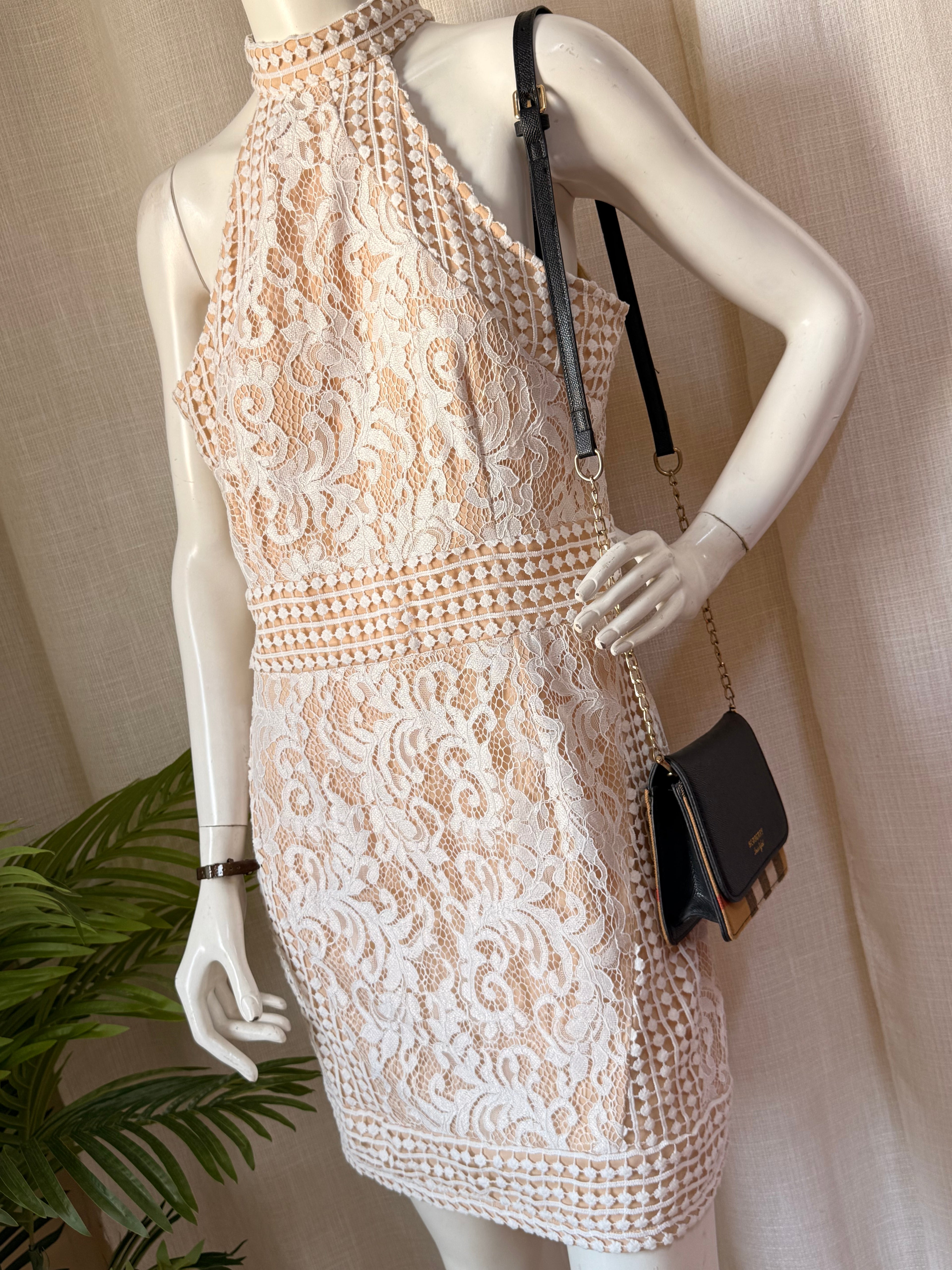 PrettyLittleThing Cream Lace Halterneck Bodycon Dress | UK 14