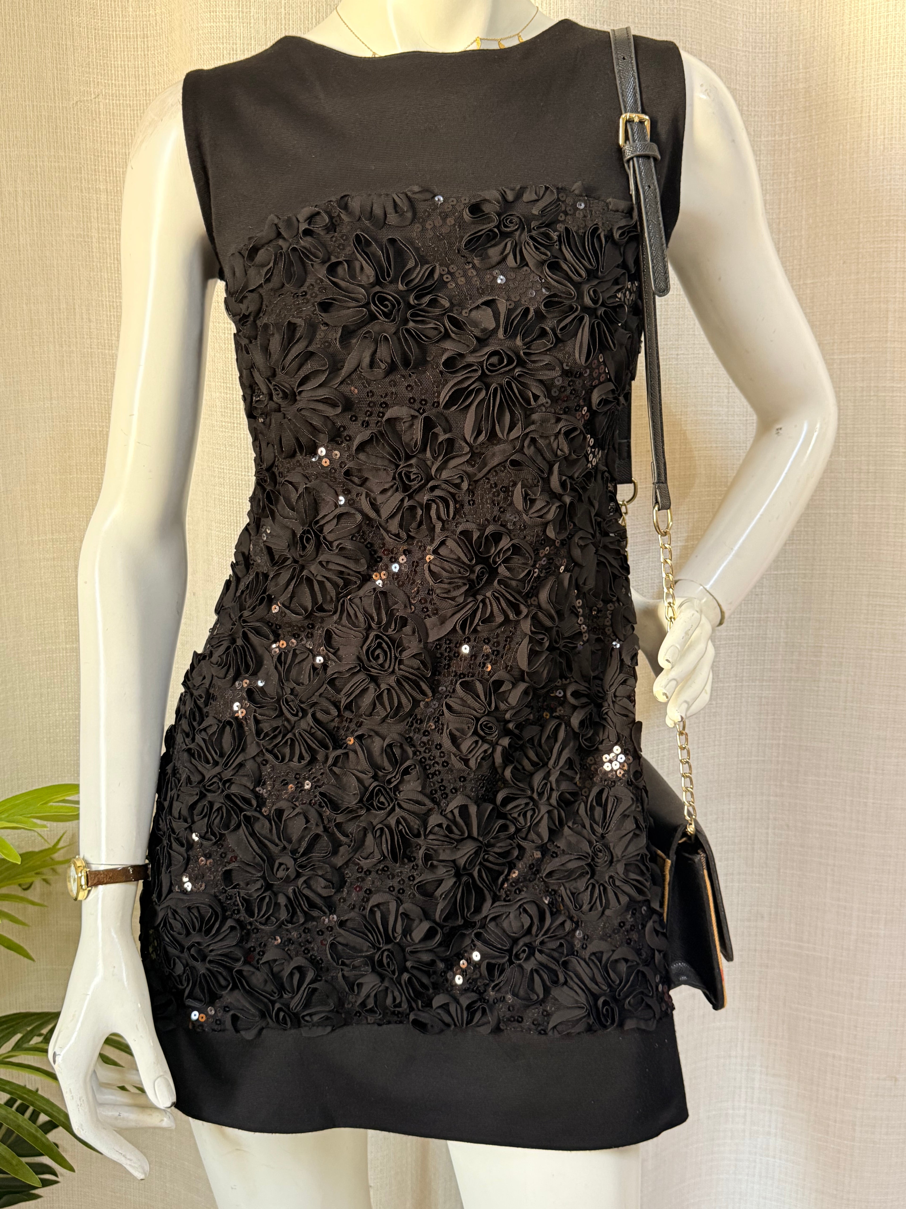 Italian Floral Appliqué Sequin Mini Dress – Size Large / UK 14