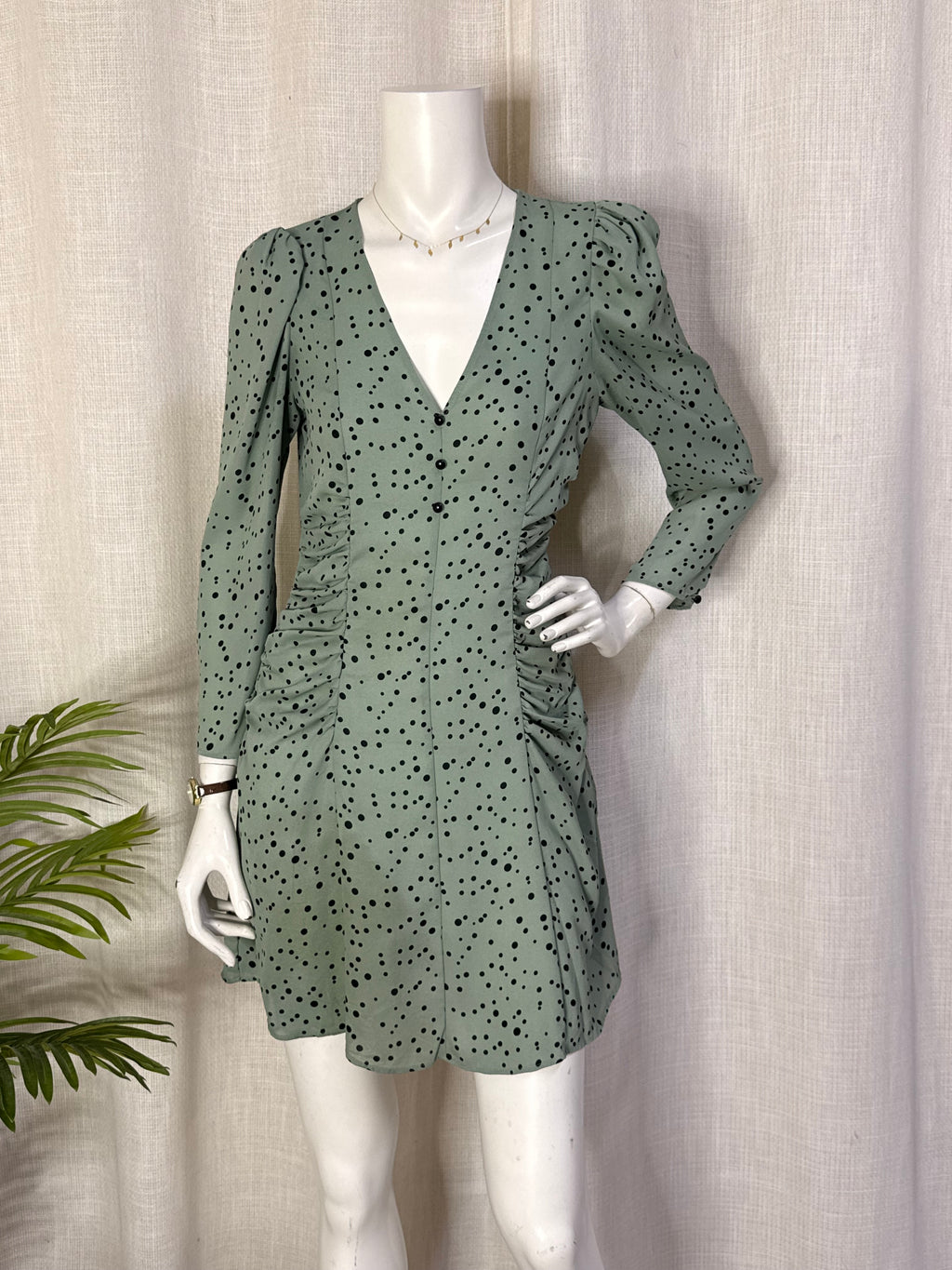 Zara Sage Green Polka Dot Ruched Button-Front Mini Dress - Size M
