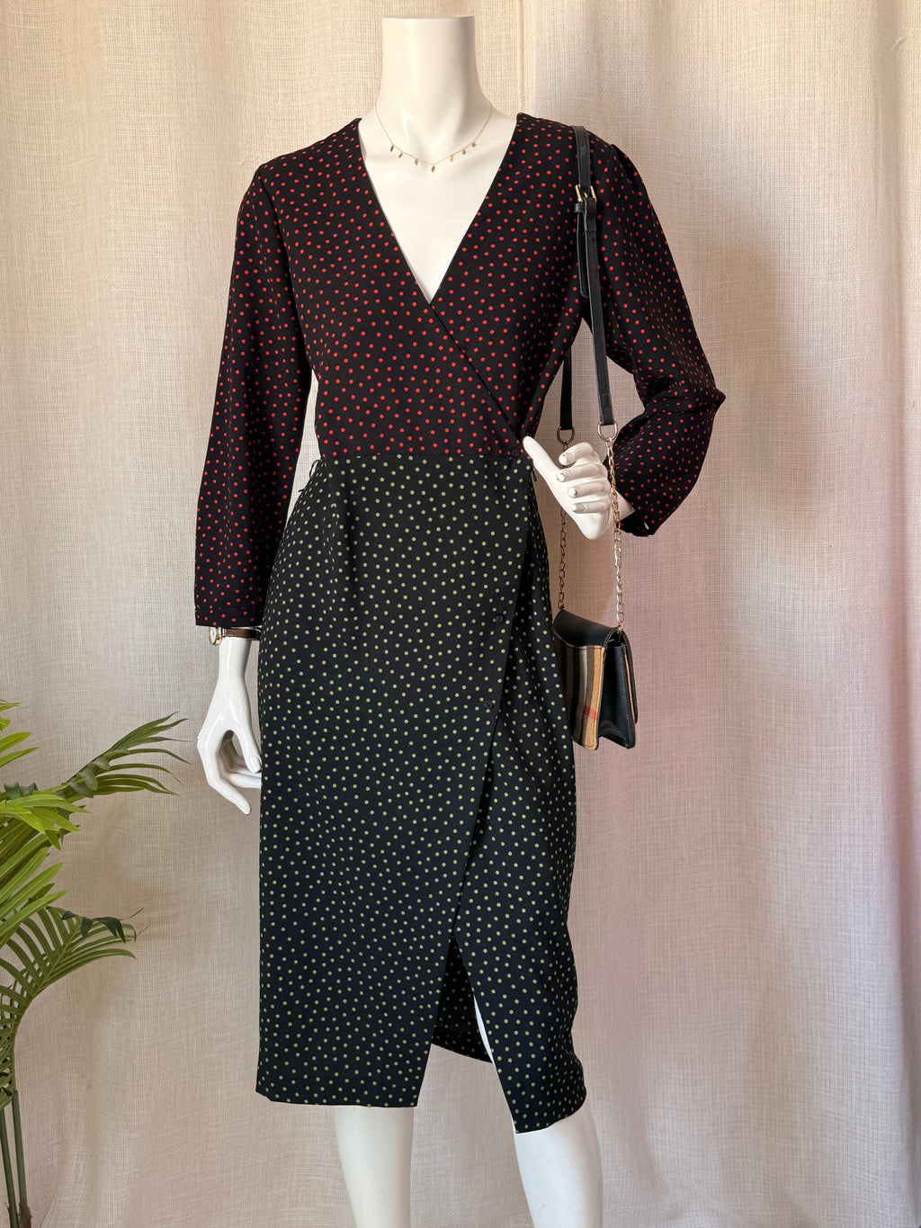 Zara Woman Polka Dot Faux Wrap Midi Dress with Waist Tie (Size S)