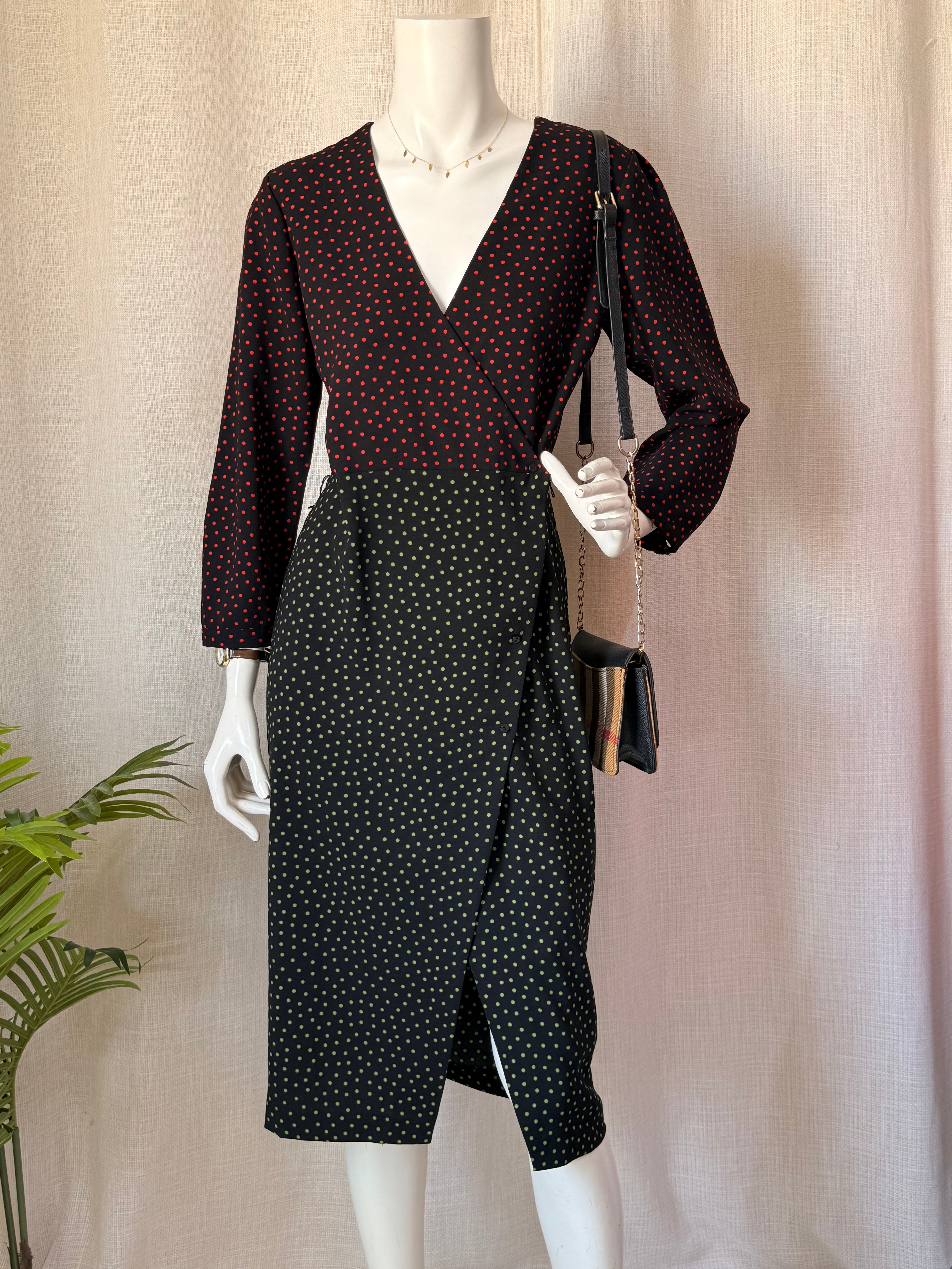 Zara Woman Polka Dot Faux Wrap Midi Dress with Waist Tie (Size S)